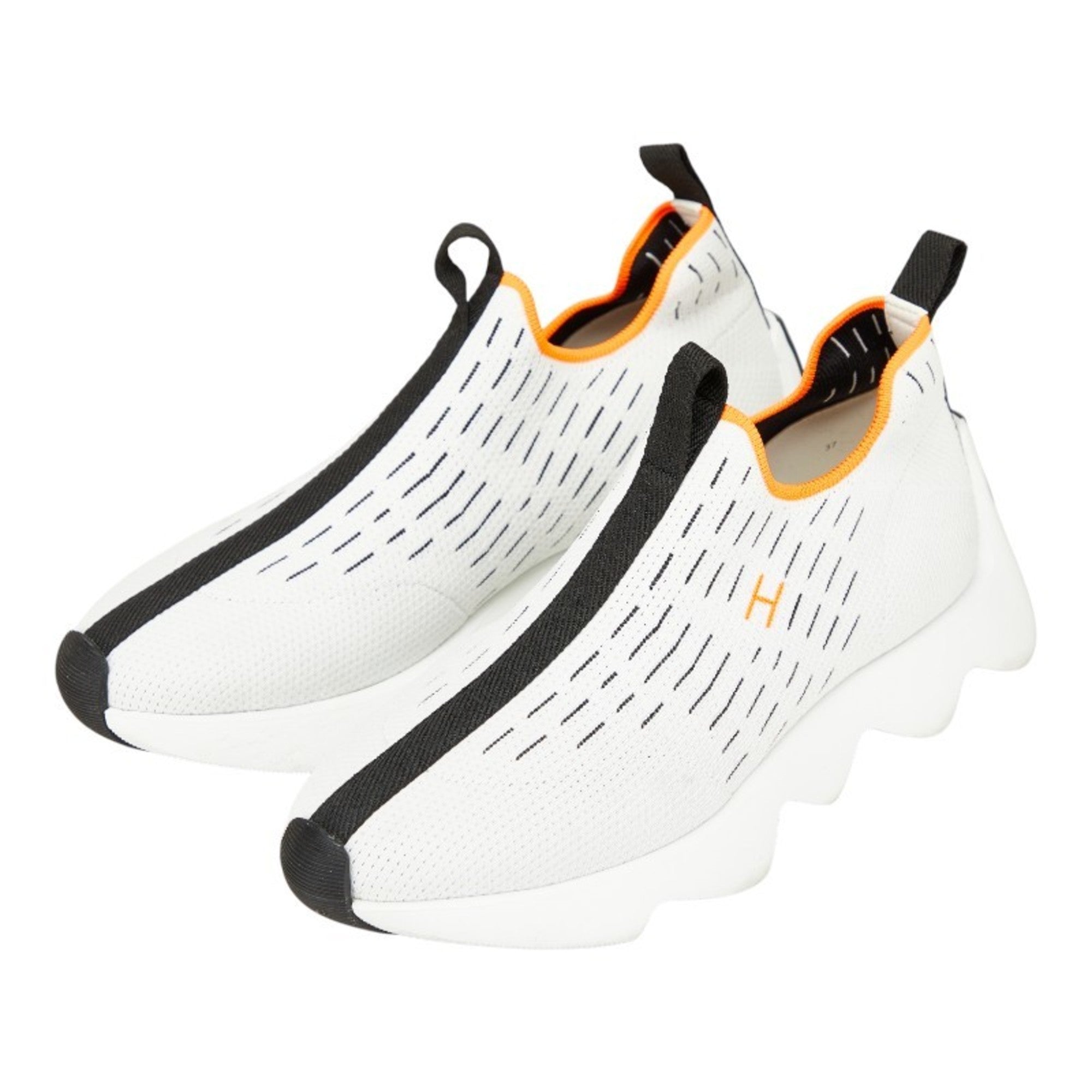 Hermès Eclair Slip-on Sneakers, Size 37, White, Black, Orange, Knit, Women's, HERMES