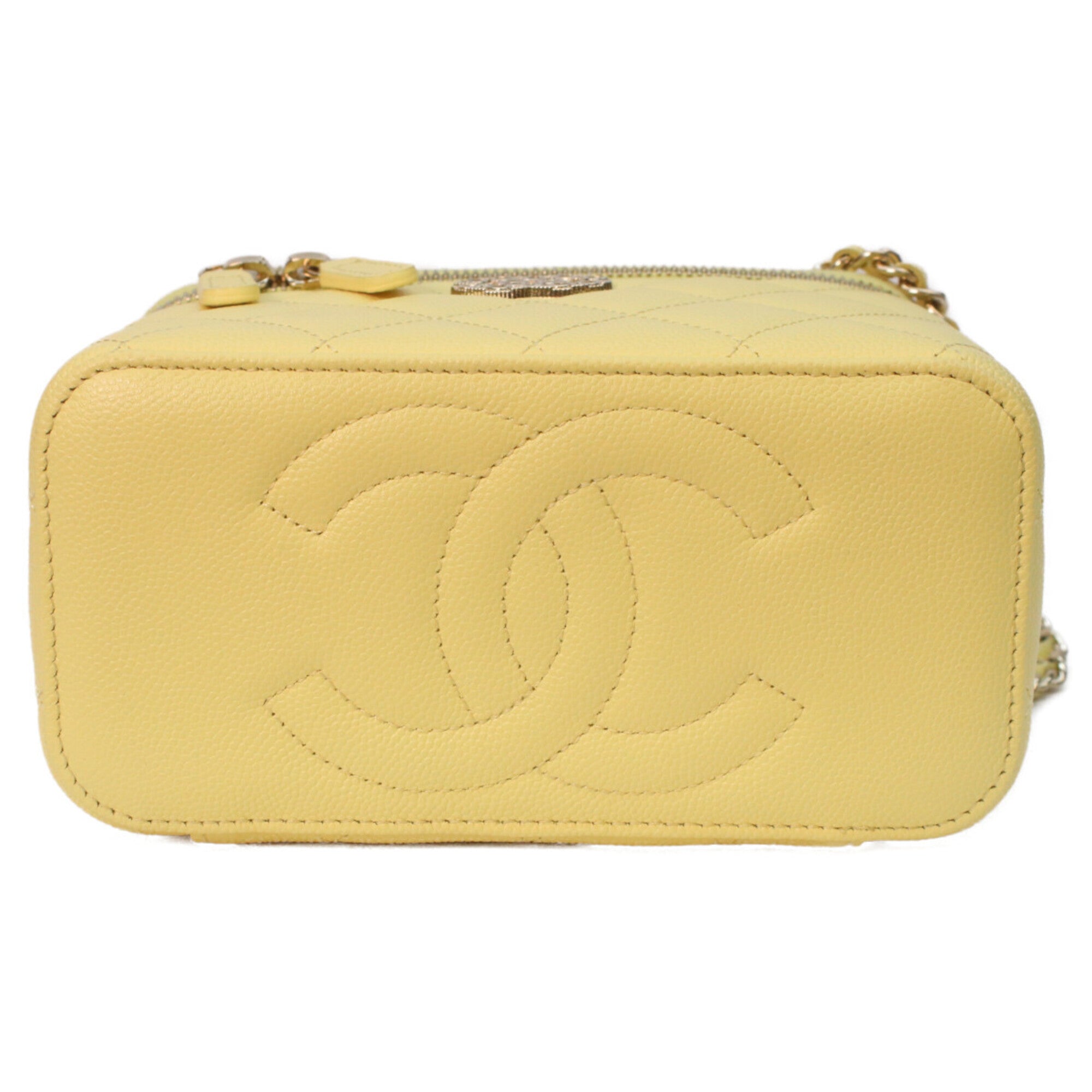 CHANEL AP4530 Yellow Caviar Leather Matelassé Shoulder Vanity Bag with Gold Hardware and Heart Rhinestone Coco Mark - Women's — Like New