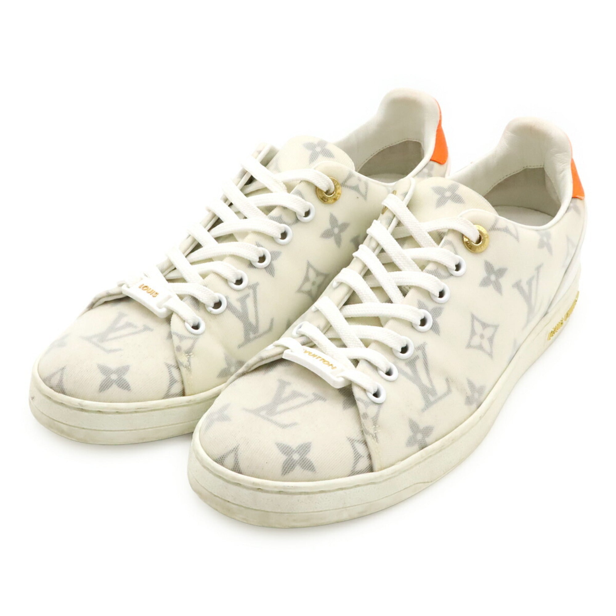 LOUIS VUITTON Front Row Line Sneakers, Monogram Fabric, White and Orange, #37 1/2, Japanese Size: Approx. 24cm