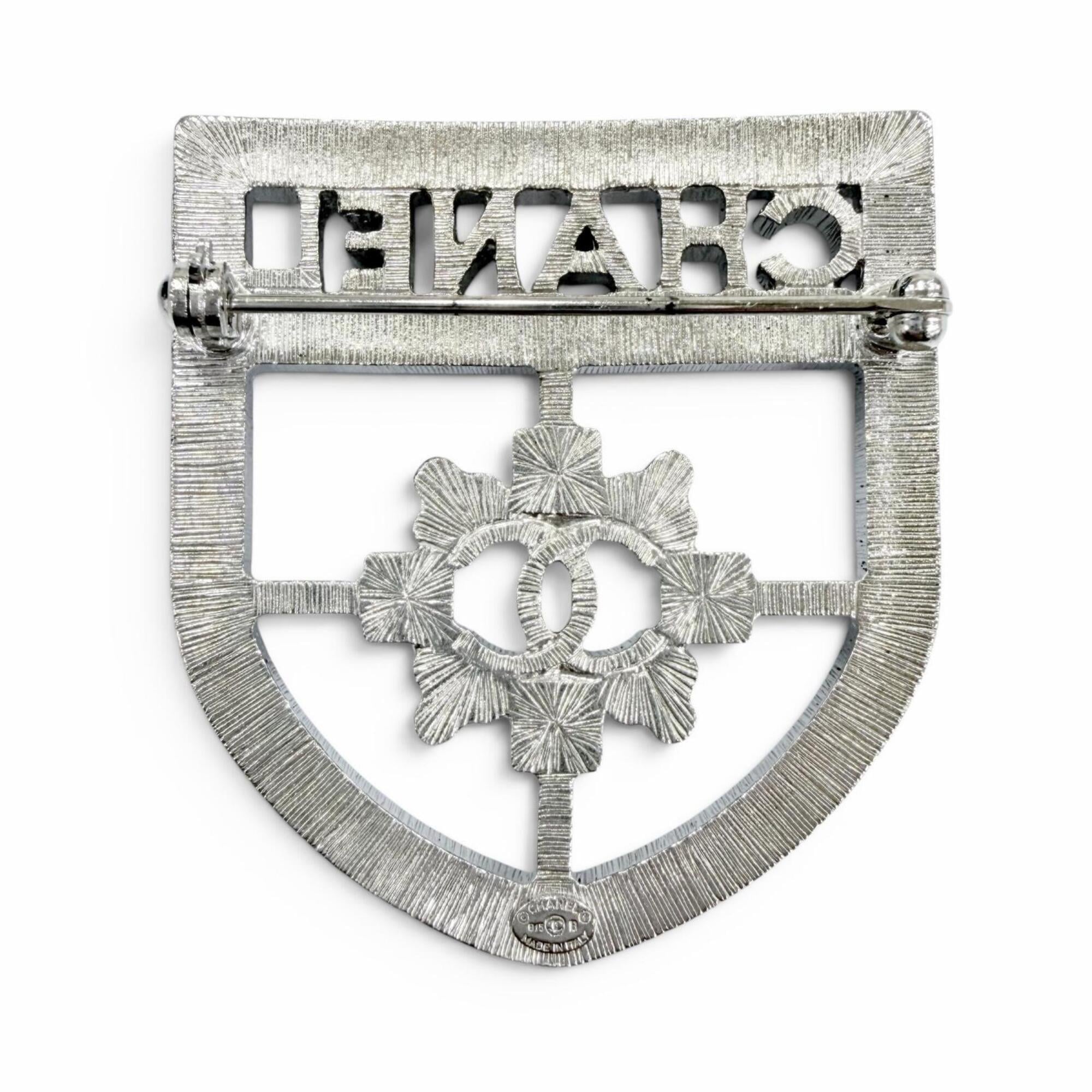 CHANEL B15B Emblem Logo Coco Mark Rhinestone Brooch, Silver, Made in Italy, Women's, with Box — Like New