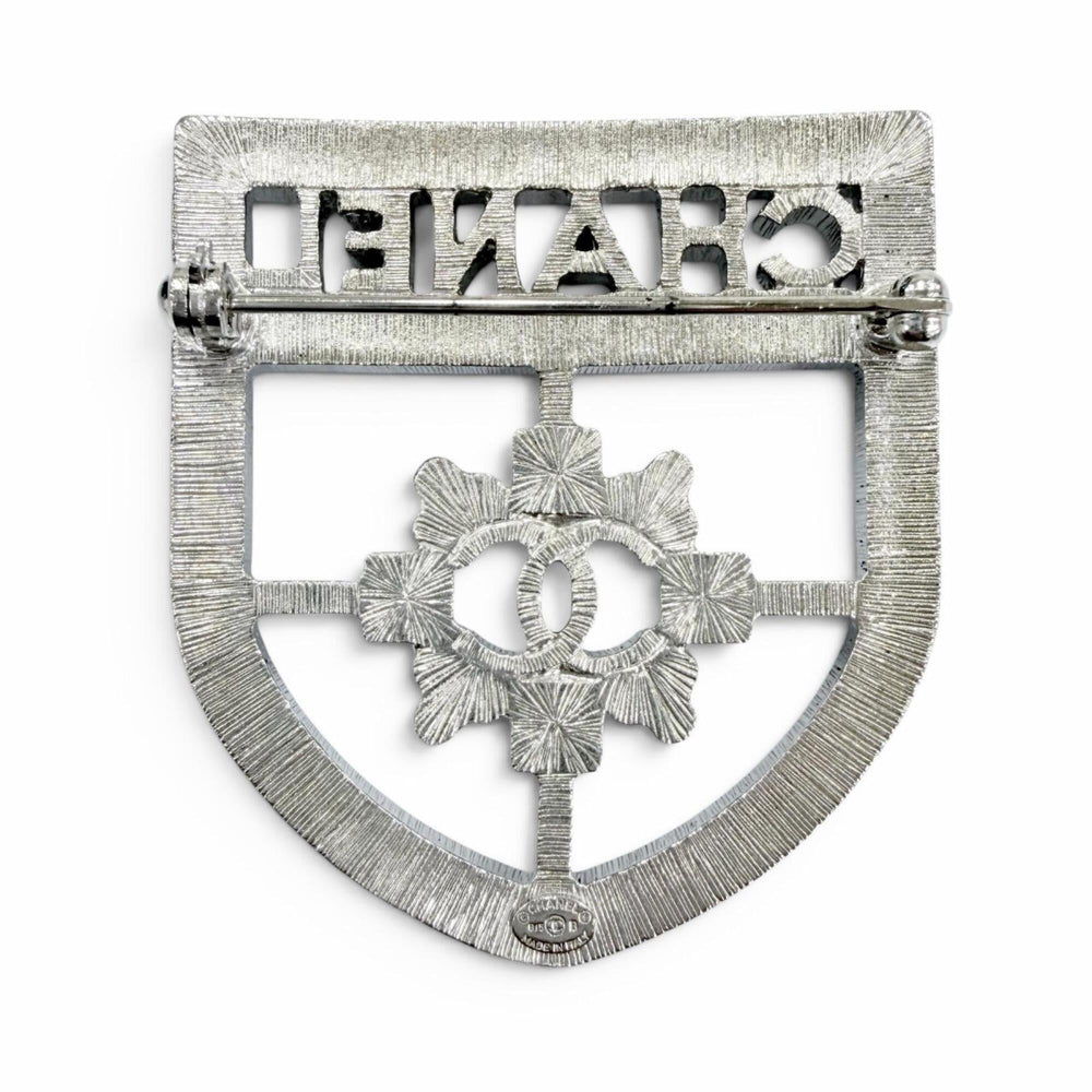 CHANEL B15B Emblem Logo Coco Mark Rhinestone Brooch, Silver, Made in Italy, Women's, with Box — Like New
