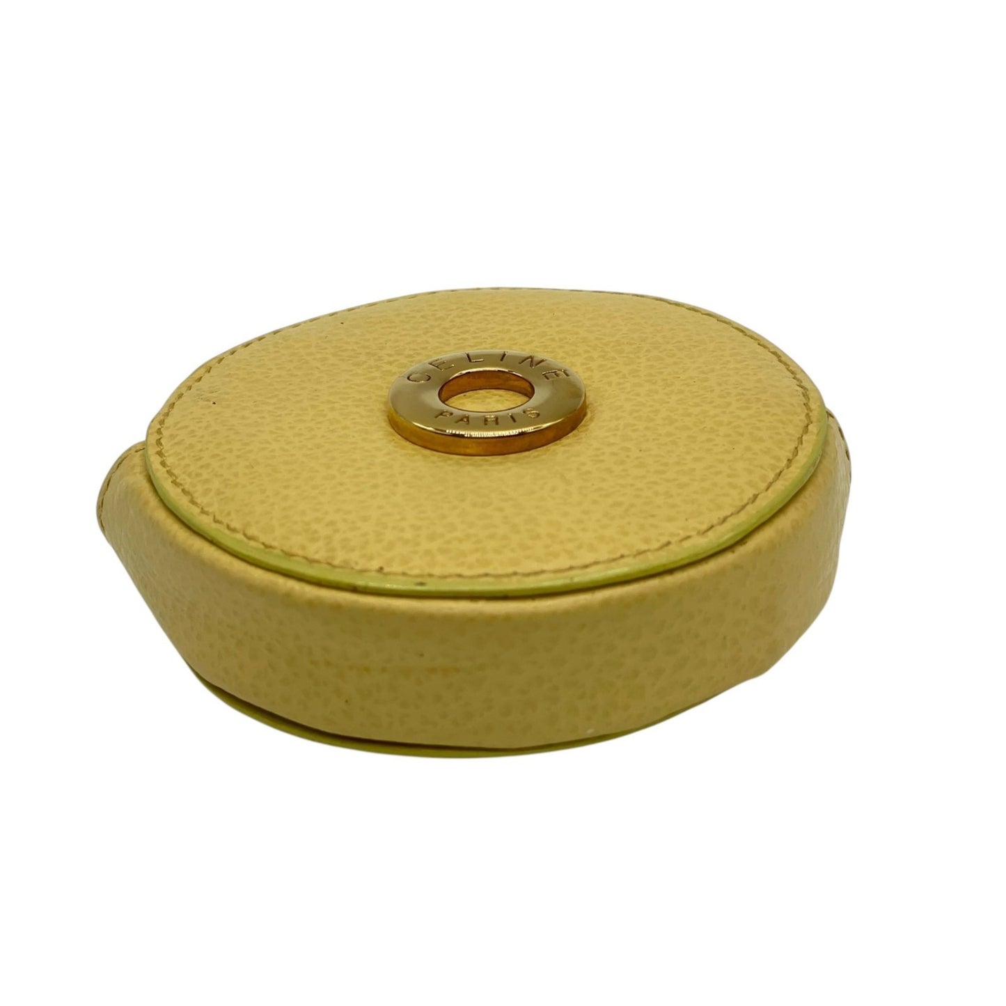 Celine Round Circle Logo Wallet/Coin Case, Beige, Gold Hardware, Yellow Leather, M3
