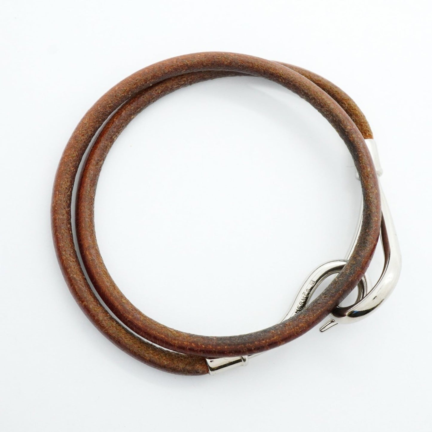Hermes Jumbo Hook Bracelet, Metal, Leather, Silver, Brown, Women's