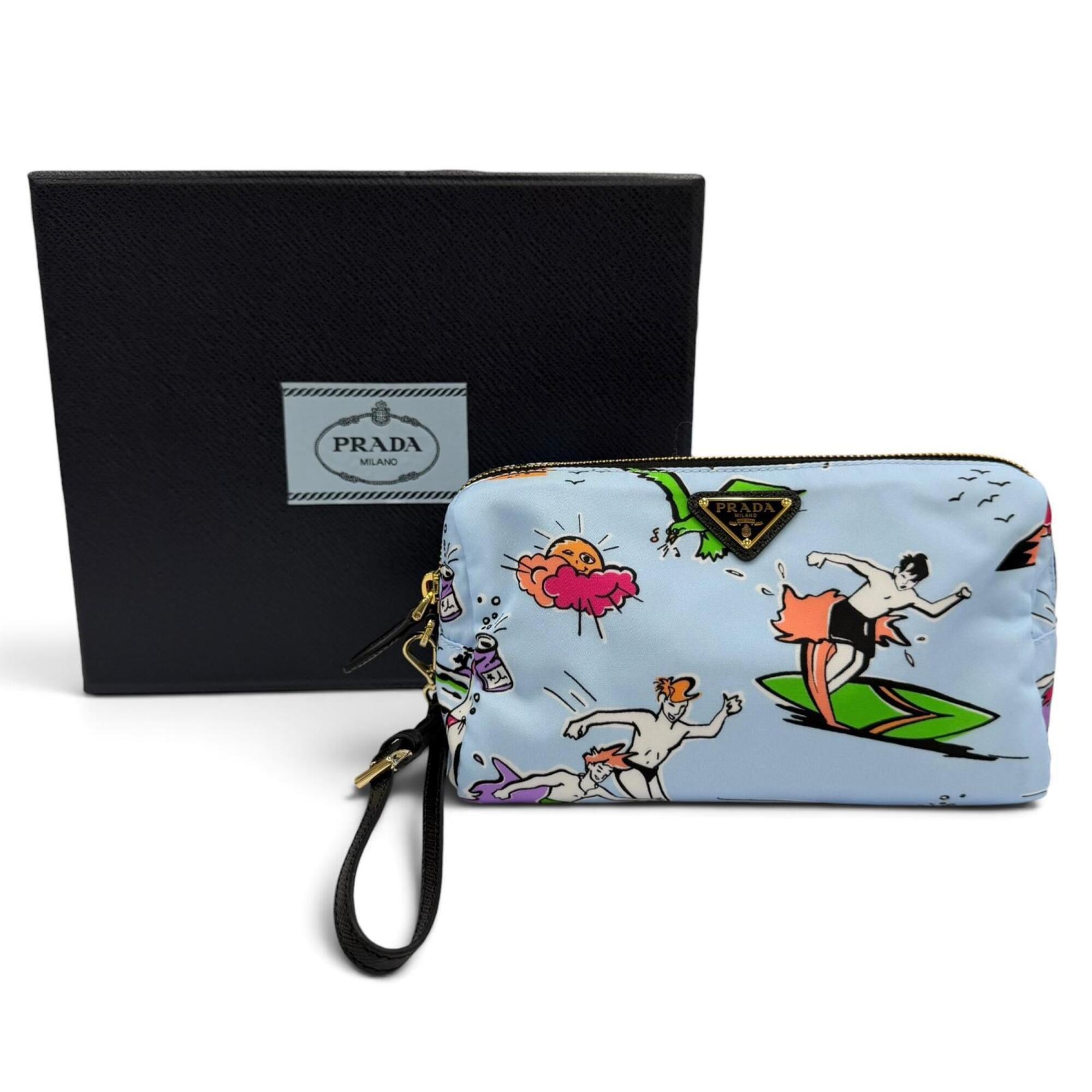 PRADA 1NS693 Triangle Logo Re-Nylon Surf Print Cosmetic Pouch with Wristlet, Blue, Made in Italy, Women's, Box — Like New