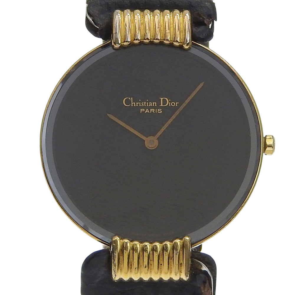 Christian Dior Bakira Watch 47.153-4 Gold Plated x Leather Strap Quartz Analog Black Dial Women's — Good