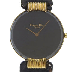 Christian Dior Bakira Watch 47.153-4 Gold Plated x Leather Strap Quartz Analog Black Dial Women's — Good