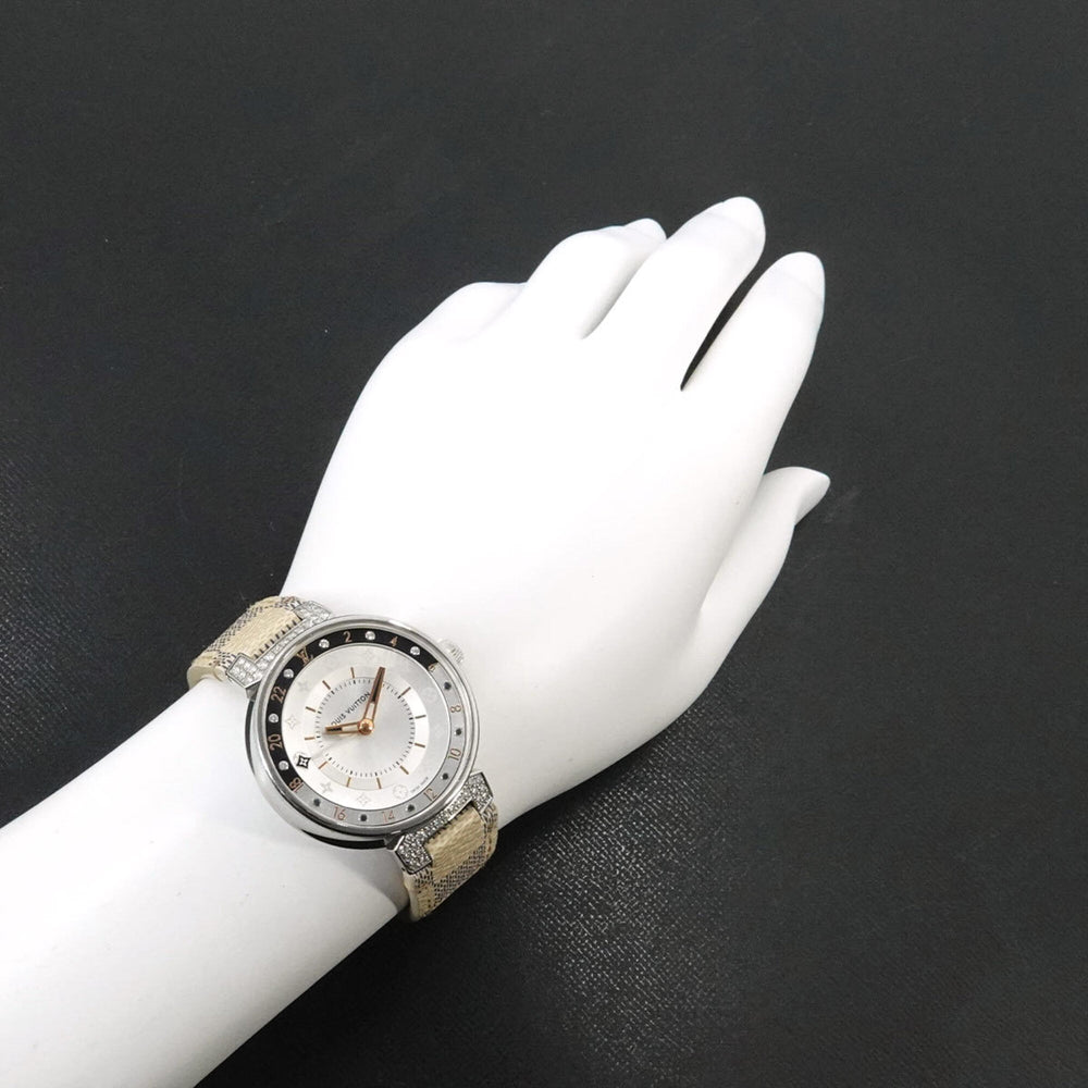 Louis Vuitton Tambour Moon Dual Time MM GMT QA108 Ladies' Watch with 12 Diamond Lugs, Black Diamonds, Silver, Quartz Movement — Very Good