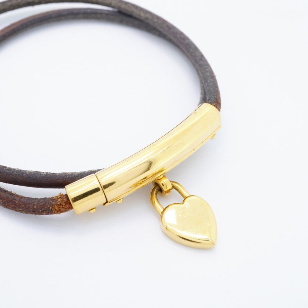 Hermes Hermès Viviride Fantasy Heart Bracelet Choker, GP Plated Leather, Gold and Brown, Women's