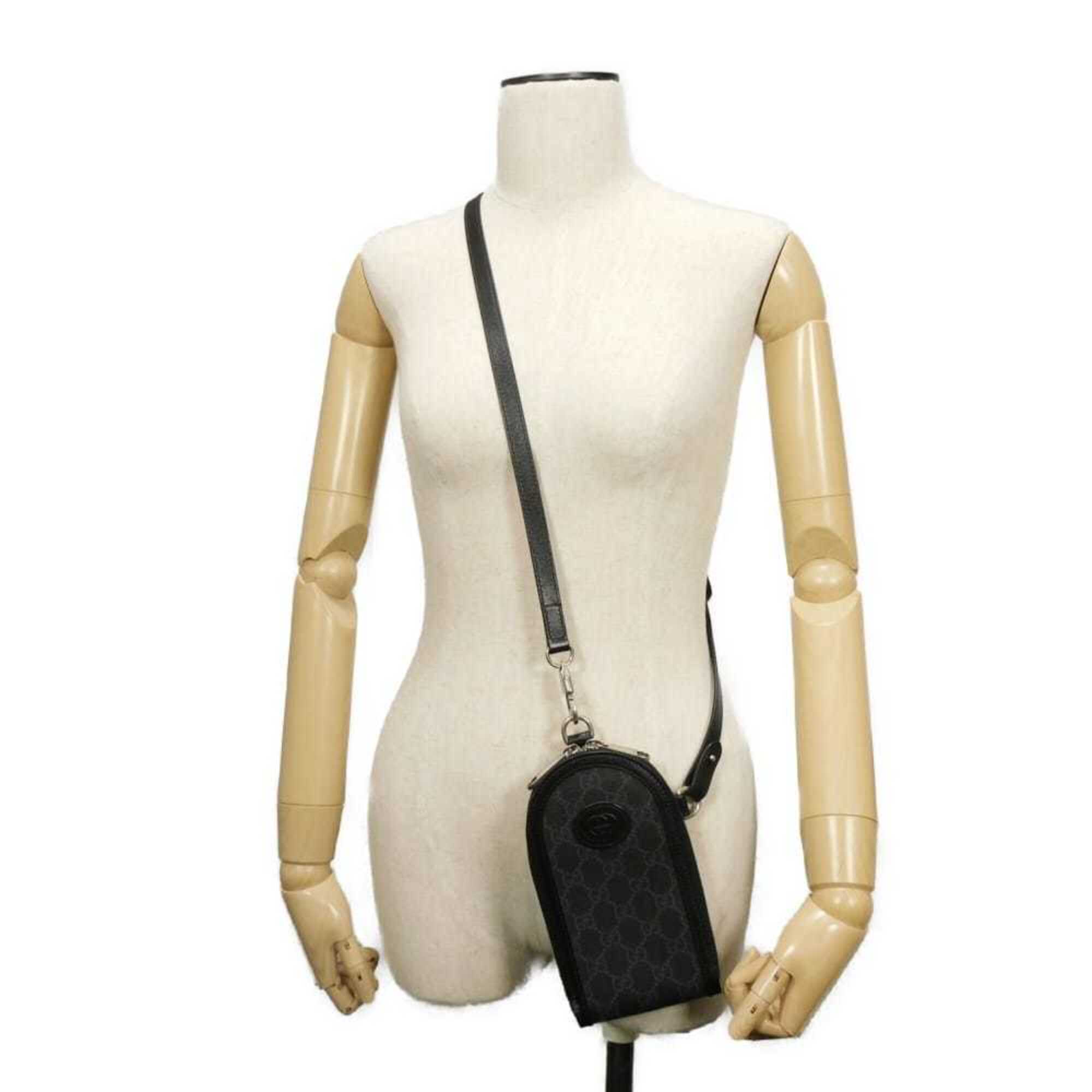 Gucci GG Supreme Shoulder Bag with Phone Holder, Double G Design, 2-Way, Interlocking G, Black, 724357 92TCF 1000, Men's/Women's — Like New