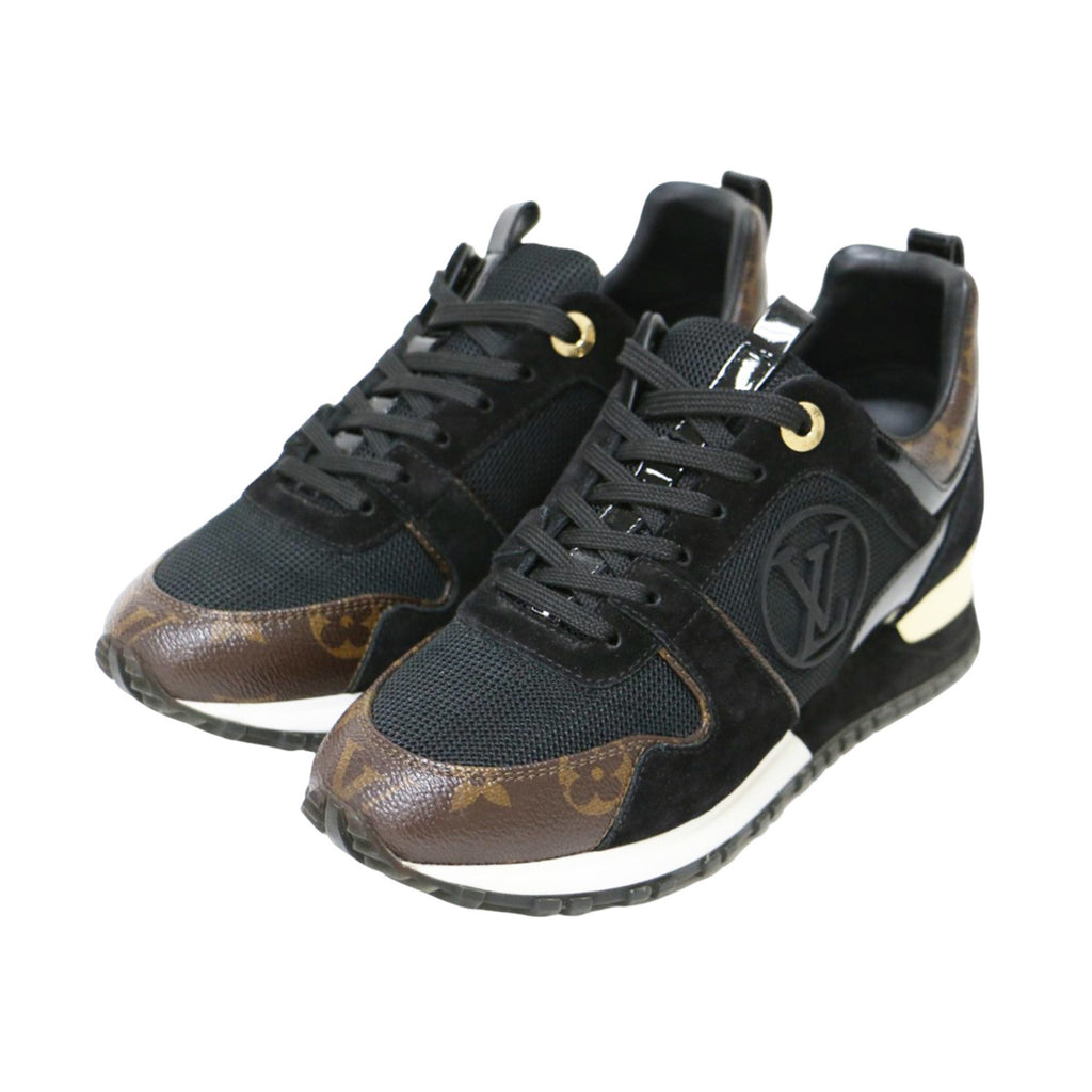 LOUIS VUITTON Louis Vuitton Sneakers Black Brown Gold Size: 34 1/2 (22.0 cm) Runaway Monogram Mesh Suede Combi Lace-up Low Cut Women's