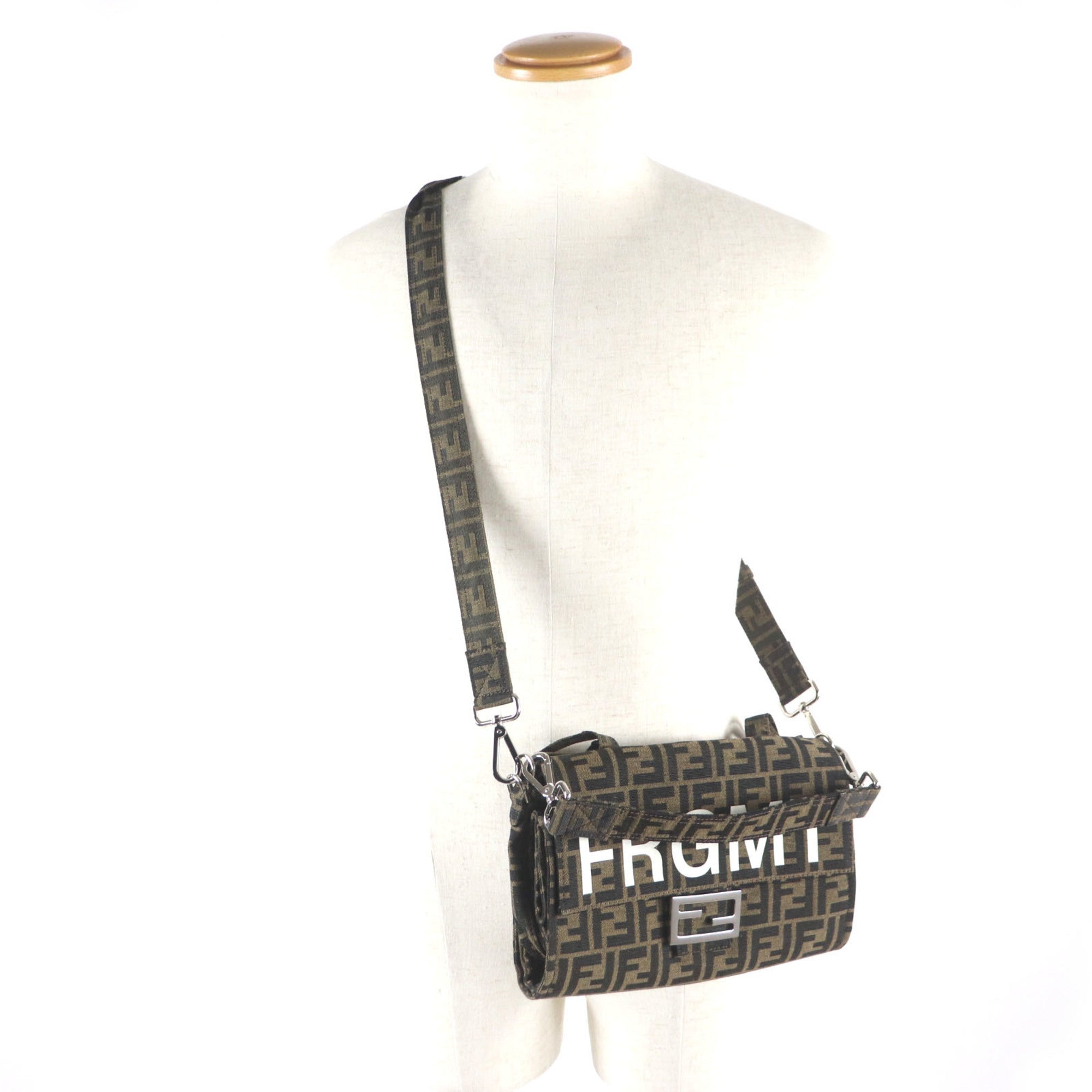 FENDI x FRAGMENT 8BH418 Zucca Baguette Foldable 3-Way Tote Canvas Shoulder Bag, Brown, with Dust Made in France, Men's — Like New