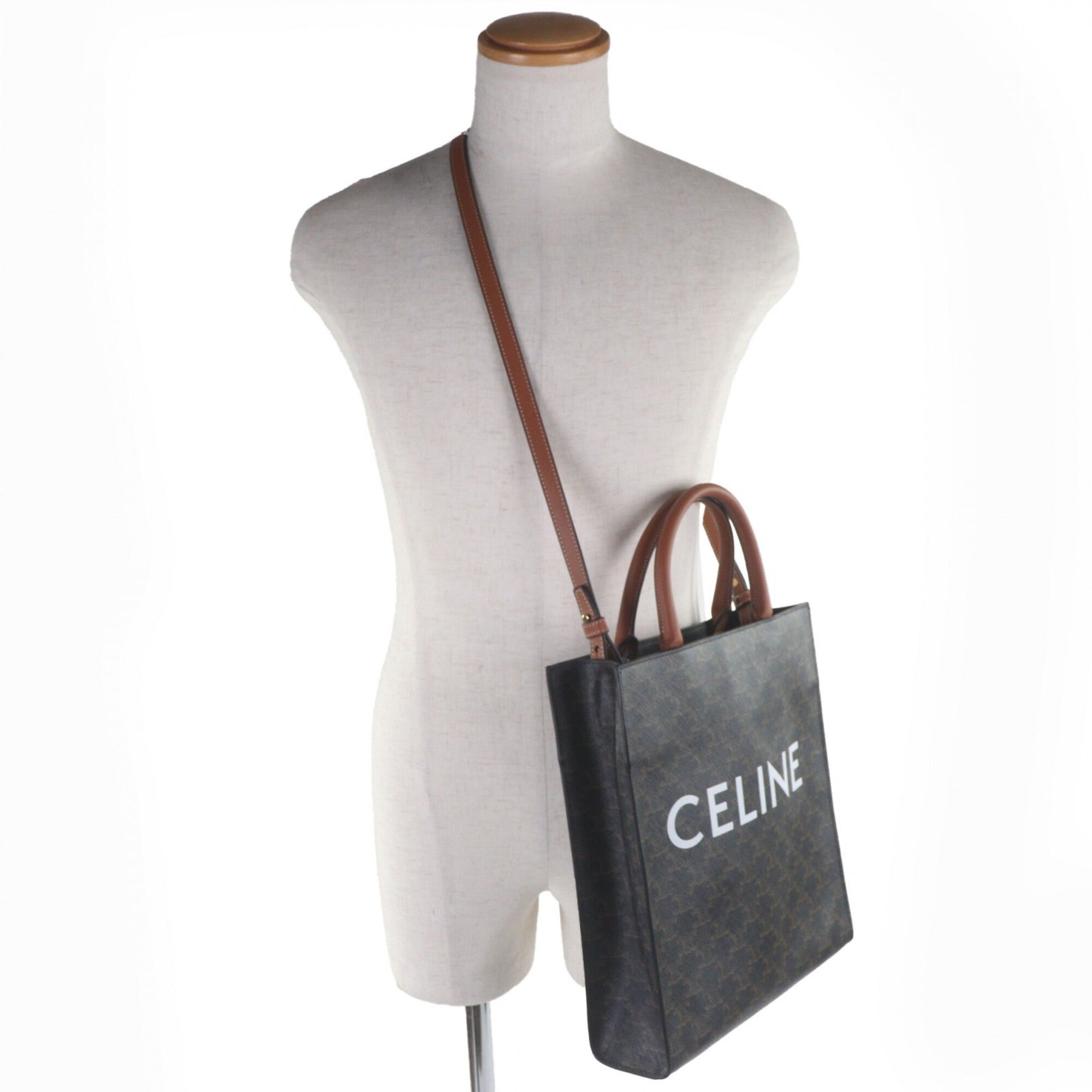 CELINE 191542BZK 04LU Vertical Cabas Triomphe Canvas Leather Logo Print 2-Way Tote Bag Dark Brown with Dust Men's — Like New