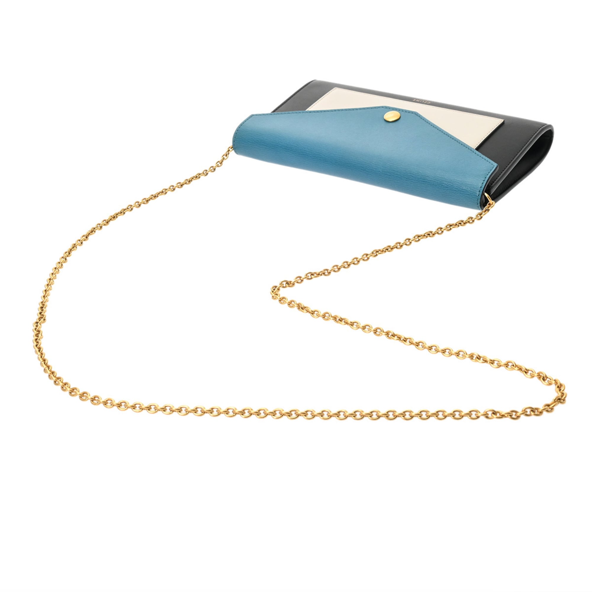 CELINE Chain Wallet, Black, White, Blue, Women's Leather Shoulder Bag, A-Rank, Pre-Owned, Ginzo