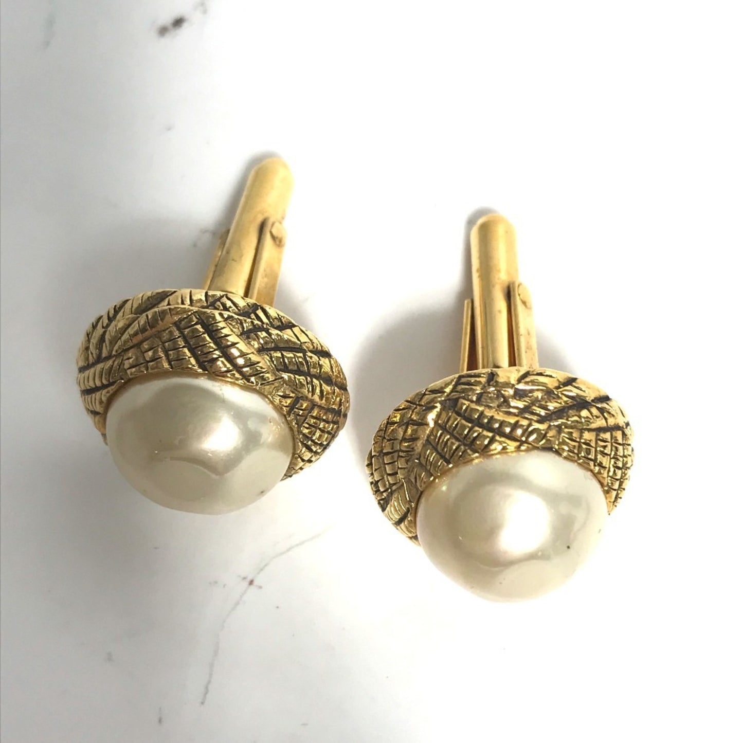 CHANEL Vintage Faux Pearl Cufflinks, Metal, Men's, Gold