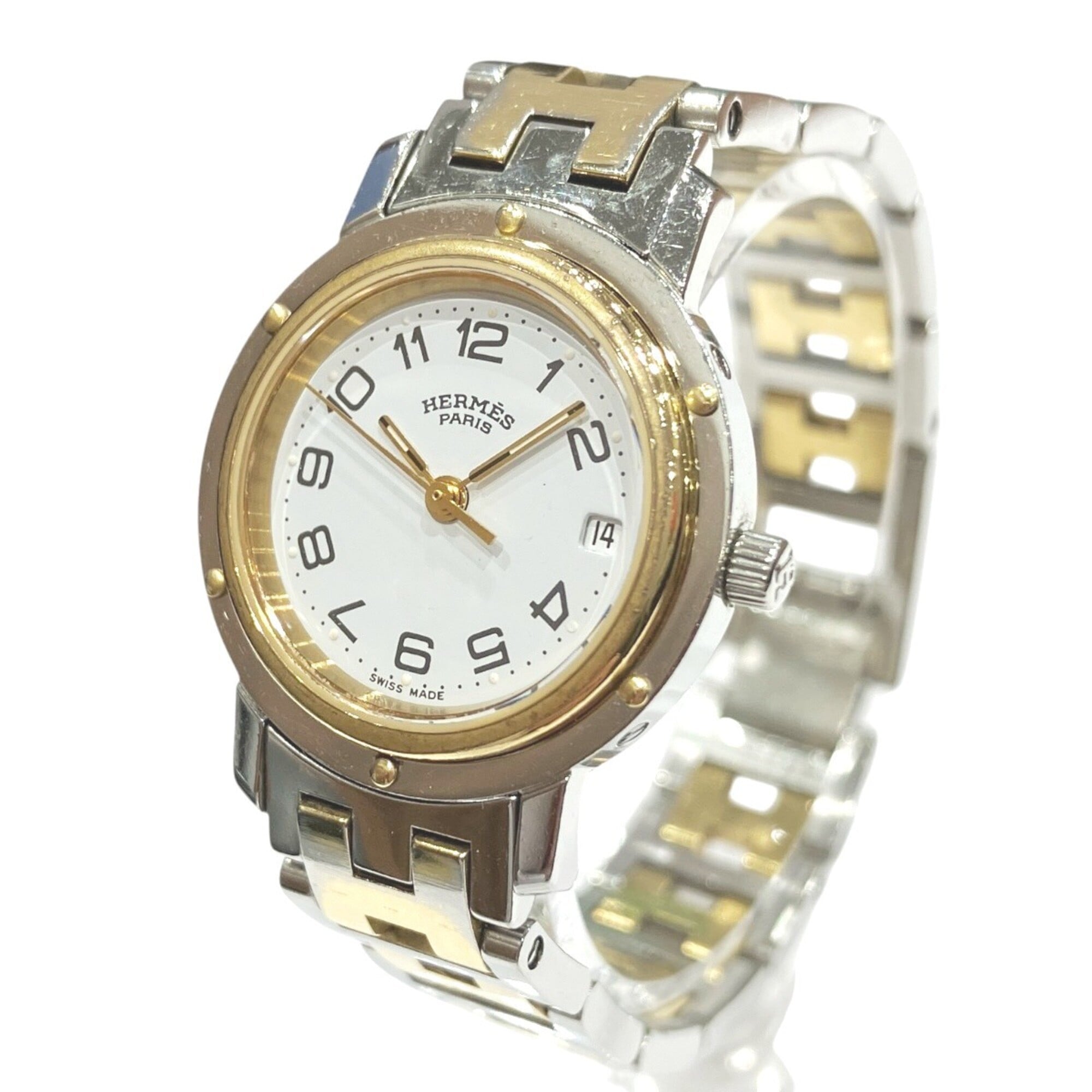 Hermes Clipper watch, total weight 36.2g, stainless steel, quartz movement, white dial, CL3.240 — Good