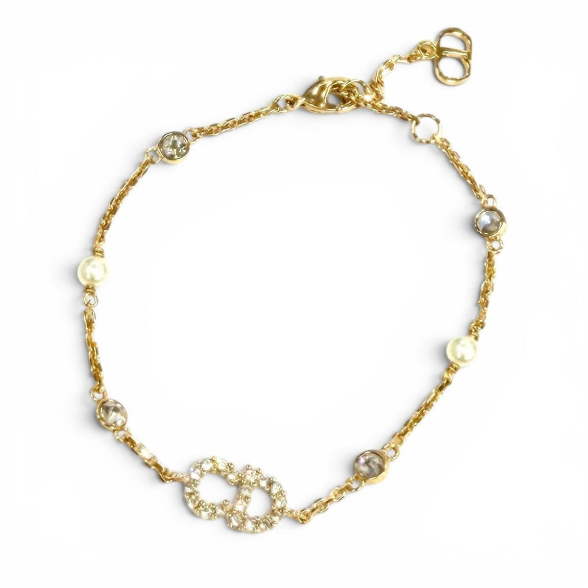 Christian Dior DIOR B3106WOMZI Claire D Lune Bracelet with CD logo, rhinestones, and faux pearls, gold, for women, dust bag — Like New