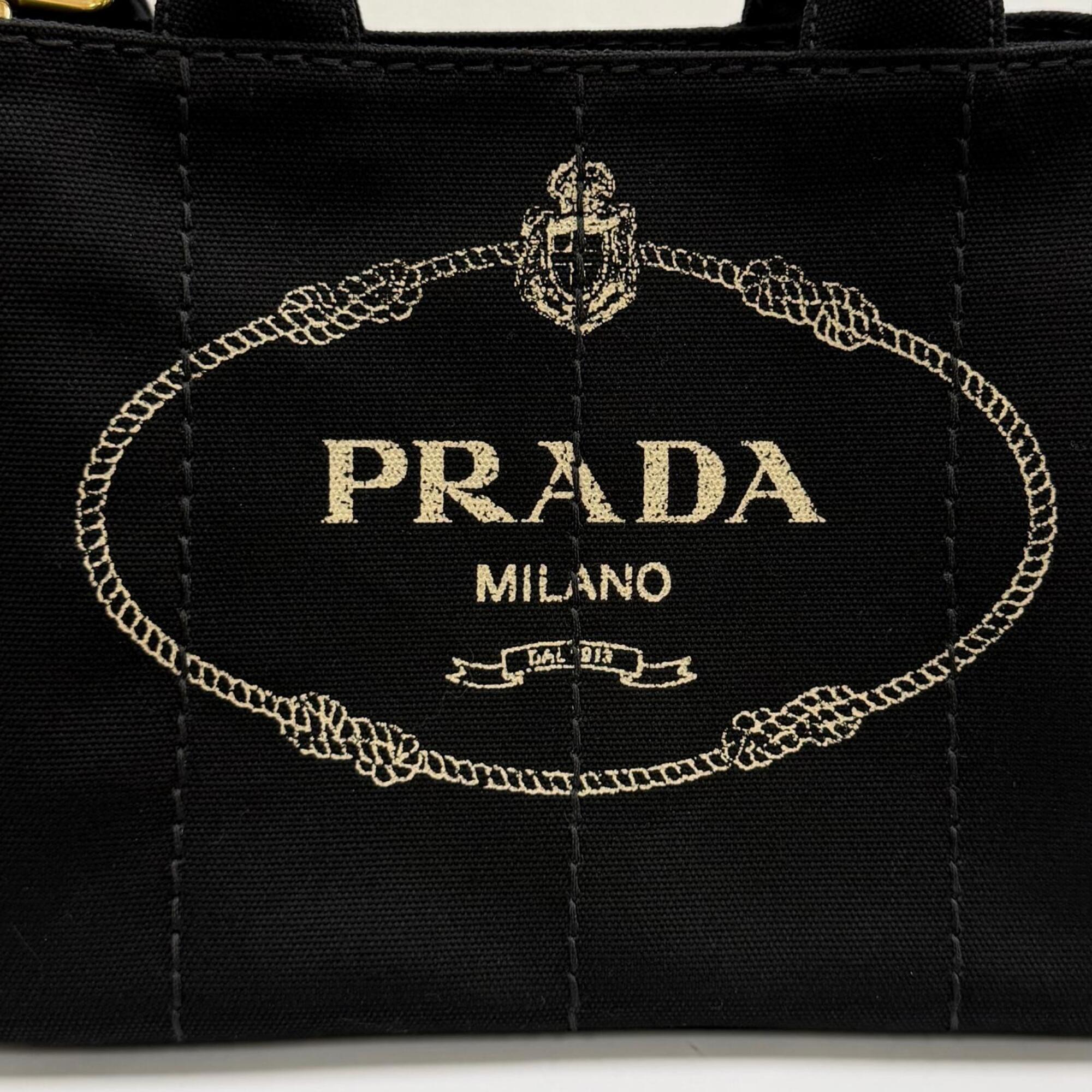PRADA 1BG439 Canapa NERO Triangle Logo Plate Design Canvas 2-way Tote Bag for Women with Dust — Like New