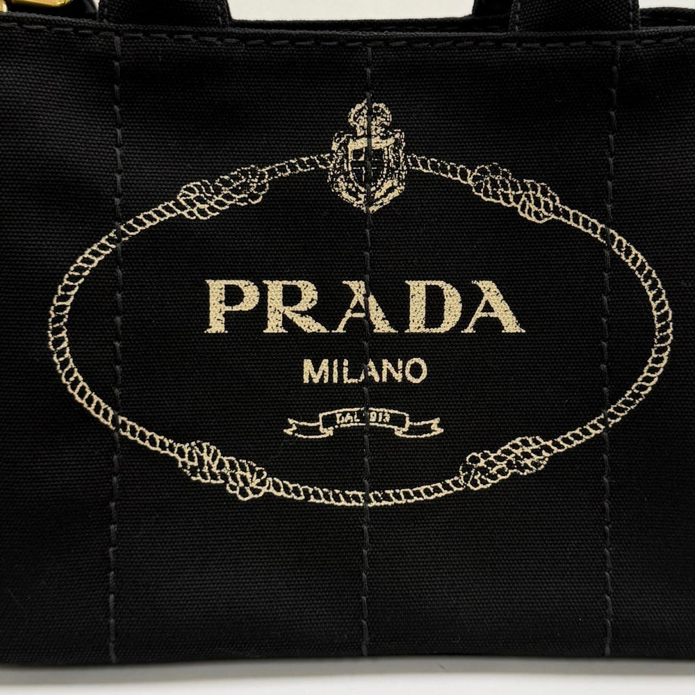 PRADA 1BG439 Canapa NERO Triangle Logo Plate Design Canvas 2-way Tote Bag for Women with Dust — Like New