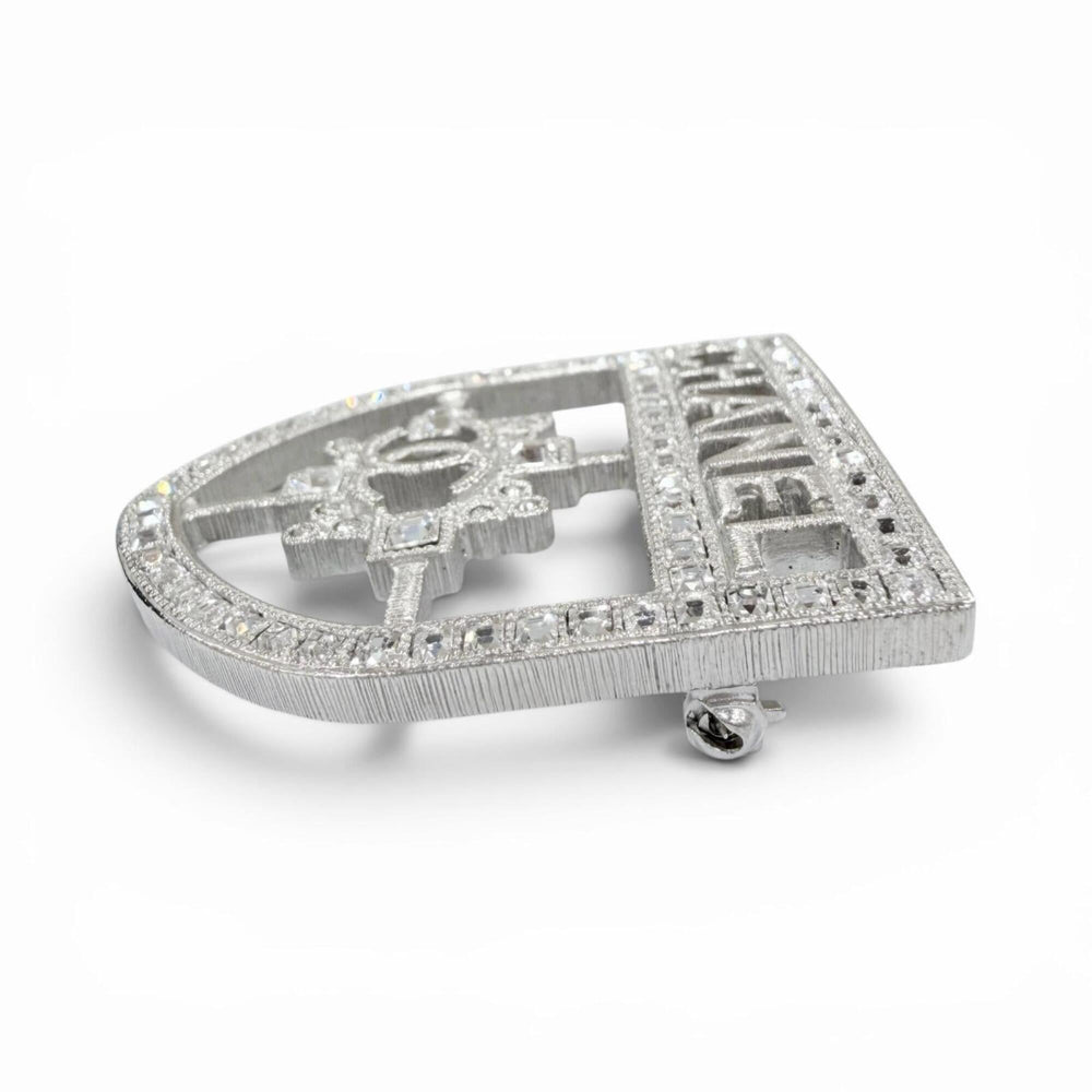 CHANEL B15B Emblem Logo Coco Mark Rhinestone Brooch, Silver, Made in Italy, Women's, with Box — Like New