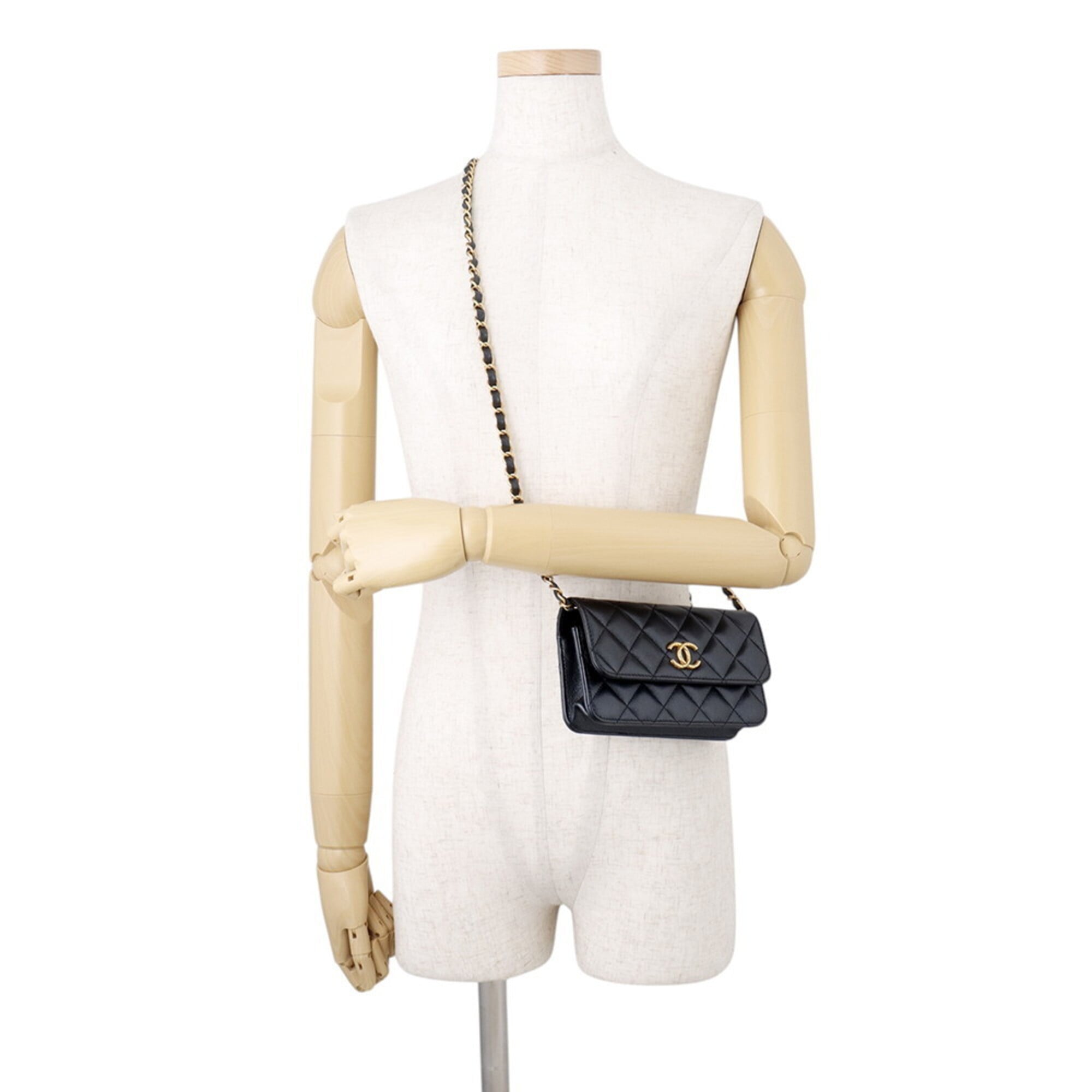 Chanel Chain Shoulder Bag Matelassé Coco Mark Phone Holder Caviar Skin AP3482 CHANEL Smartphone Case Handbag — Like New