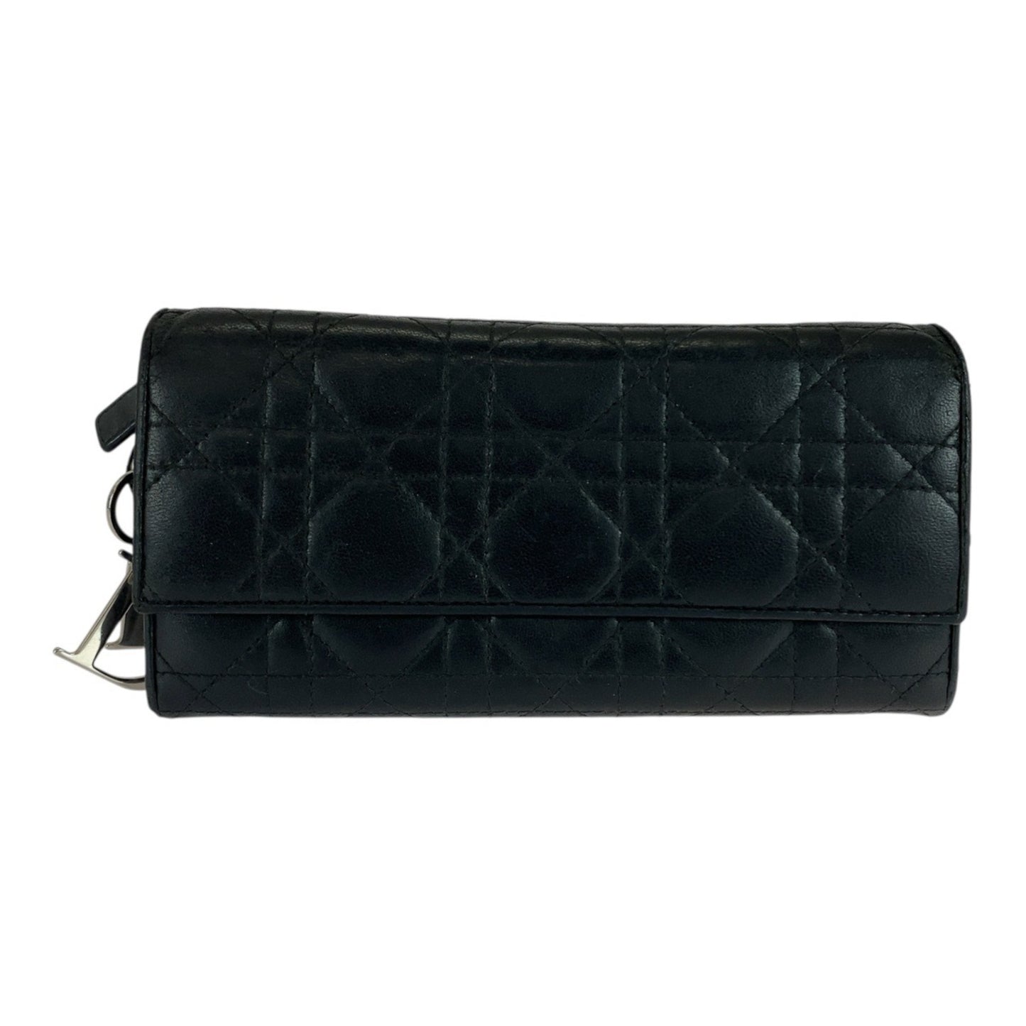 Christian Dior Cannage Black Leather Long Wallet with Silver Hardware, MC0028, Women's