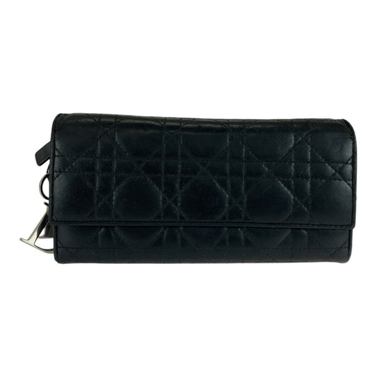 Christian Dior Cannage Black Leather Long Wallet with Silver Hardware, MC0028, Women's