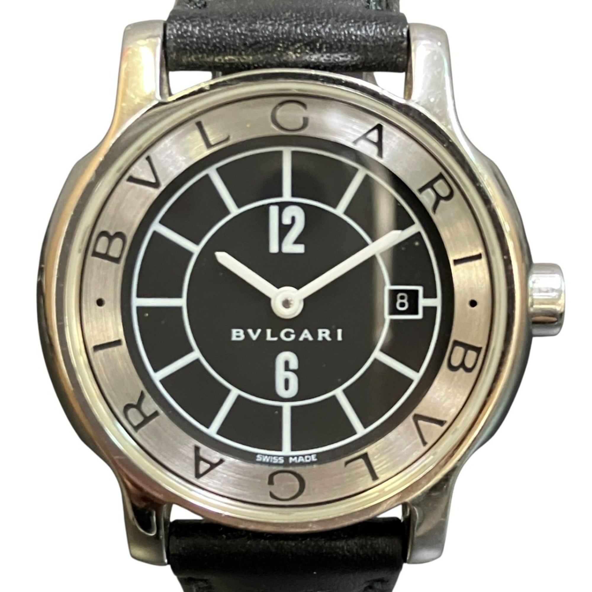 Bulgari BVLGARI Solo Tempo Watch, Total Weight 24.8g, Stainless Steel, Genuine Leather Strap, Quartz Movement, Black Dial, ST29S — Good