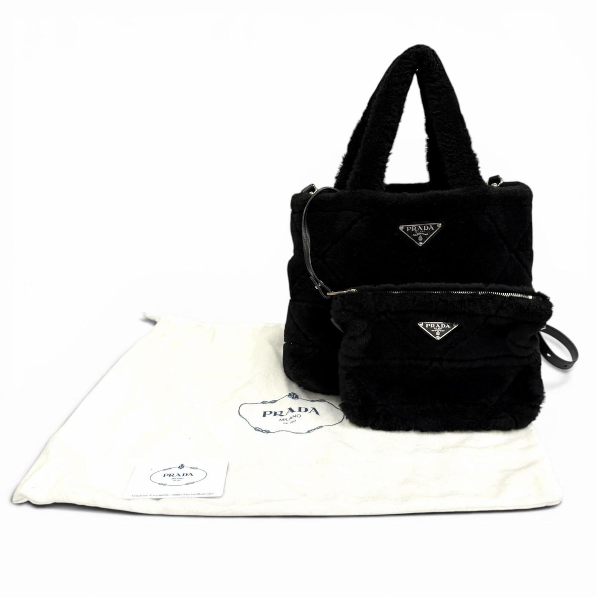 PRADA 1BG378 Triangle Logo 2-Way Shearling Fur Shoulder Bag with Pouch, Black, Made in Italy, Women's, Dust — Like New