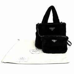 PRADA 1BG378 Triangle Logo 2-Way Shearling Fur Shoulder Bag with Pouch, Black, Made in Italy, Women's, Dust — Like New
