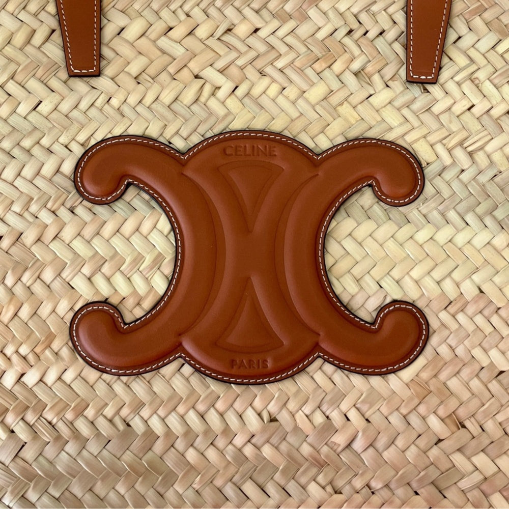 CELINE Large Triomphe Raffia x Leather Basket Bag Classic Panier Natural Tan Women's — Like New