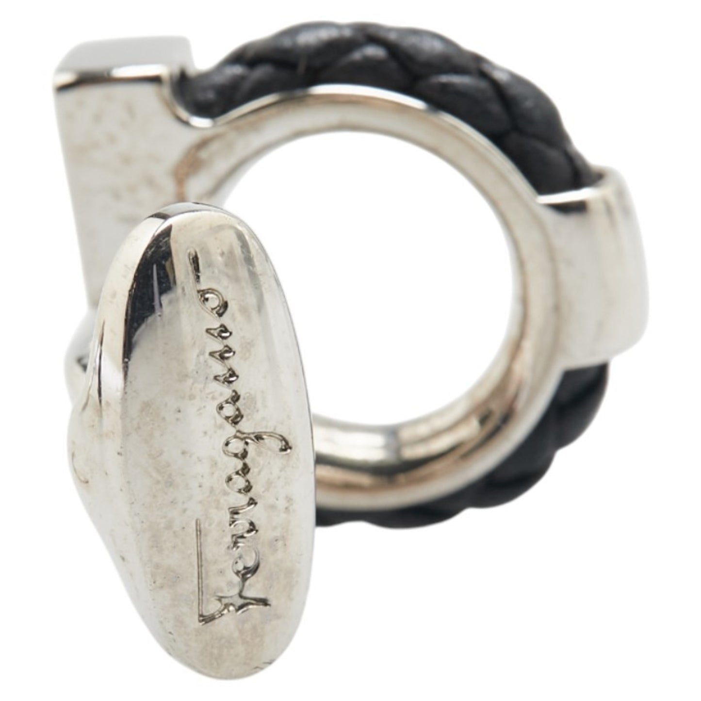 Salvatore Ferragamo Gancini Cufflinks in Silver and Black Metal with Leather, Men's