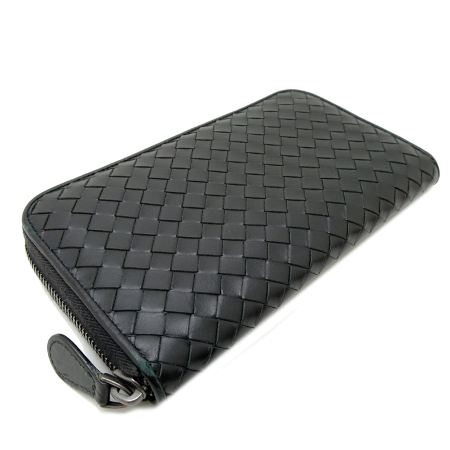 Bottega Veneta Intrecciato Zip Wallet, Women's and Men's Long Wallet 114076, Black Leather