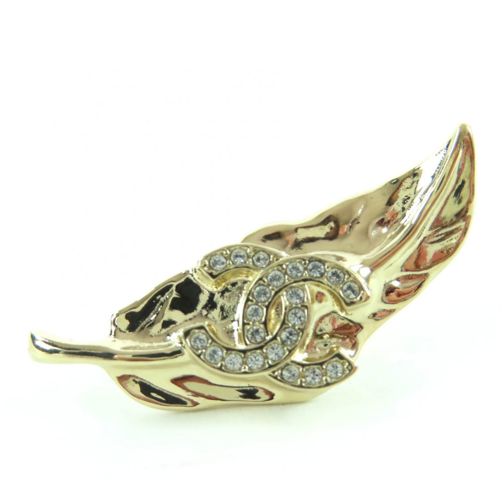 CHANEL I25A Coco Mark Leaf Design Rhinestone Earrings, Gold, Made in Italy, Women's — Like New