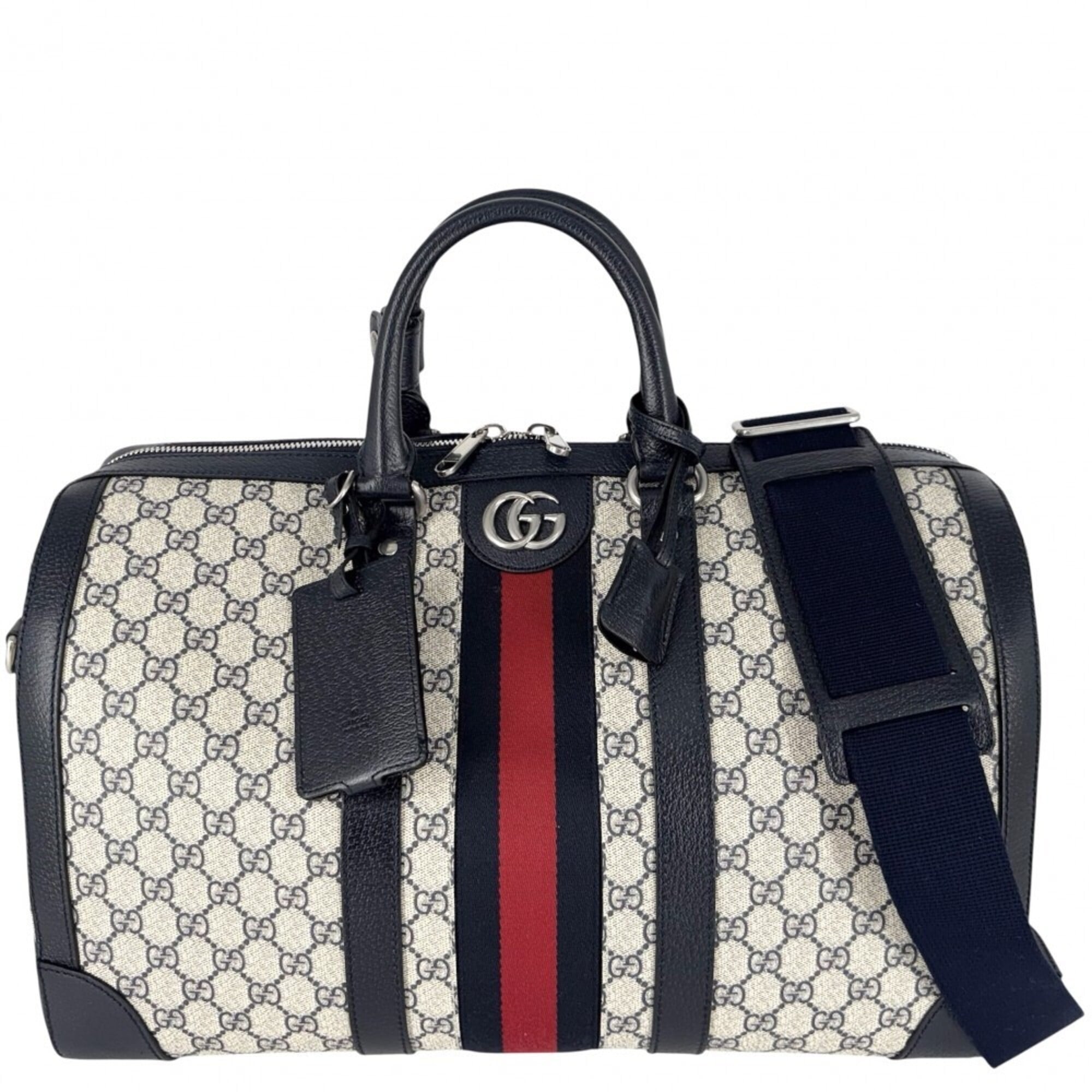 Gucci Boston Bag for Men and Women, Ophidia Medium Duffle Bag, Handbag, Shoulder Crossbody Travel GUCCI 724642, GG Supreme Canvas, Leather, Navy, Beige, Silver Hardware — Like New
