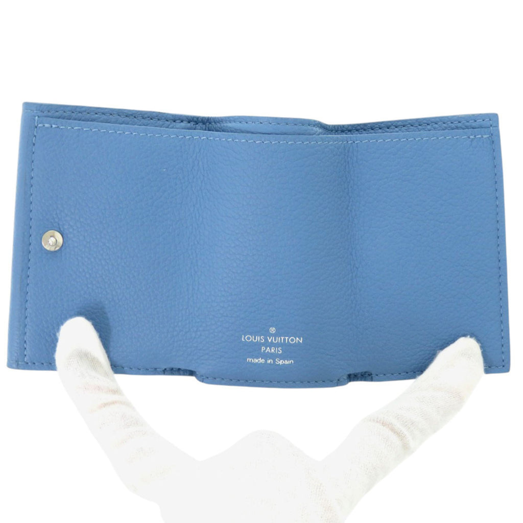 Excellent condition Louis Vuitton Portefeuille Rock Mini M67861, blue leather with silver hardware, LV tri-fold wallet 1036