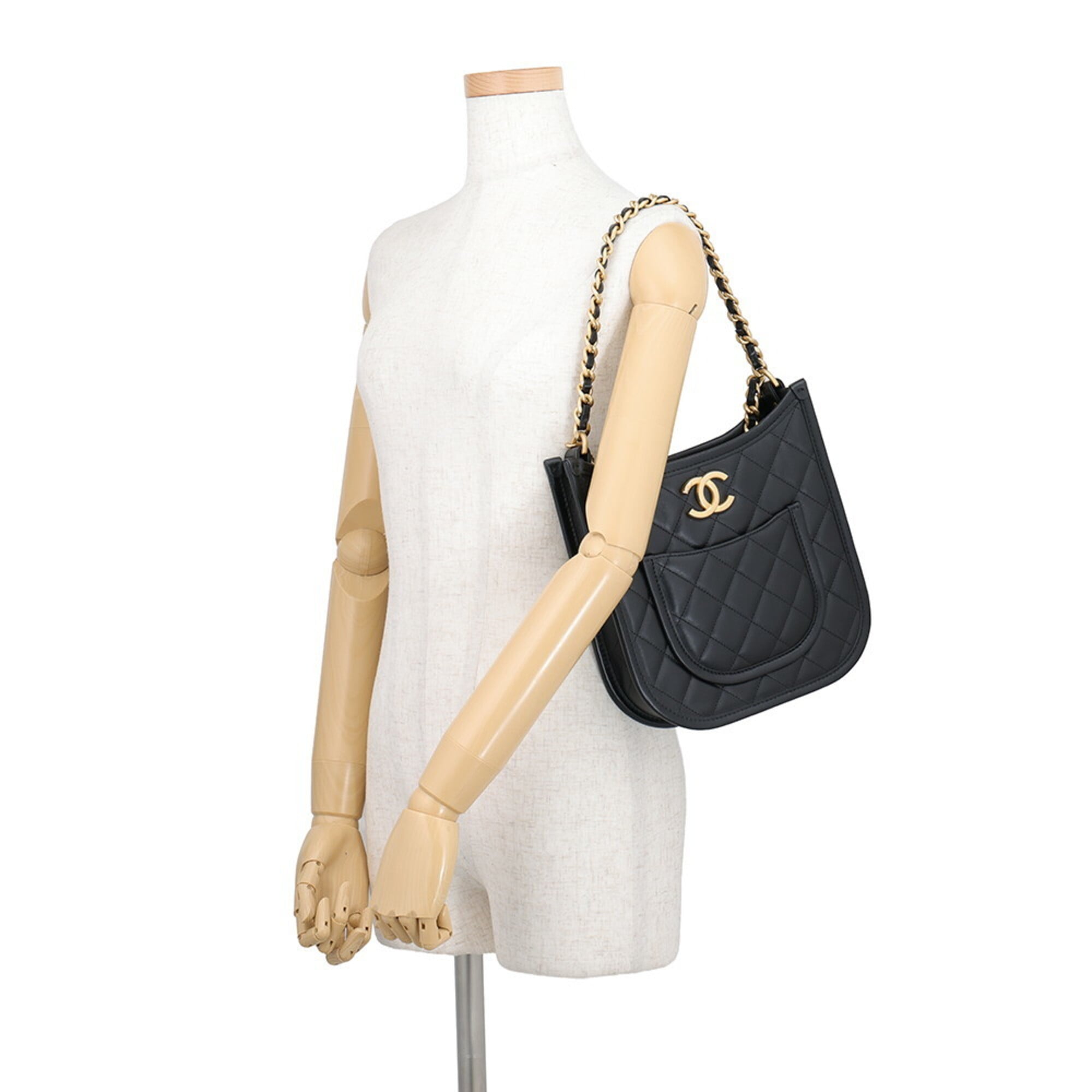 Chanel Chain Shoulder Bag, Matelassé, Coco Mark, Hobo, Lambskin, CHANEL 2-way, Black, Handbag, Women's — Like New