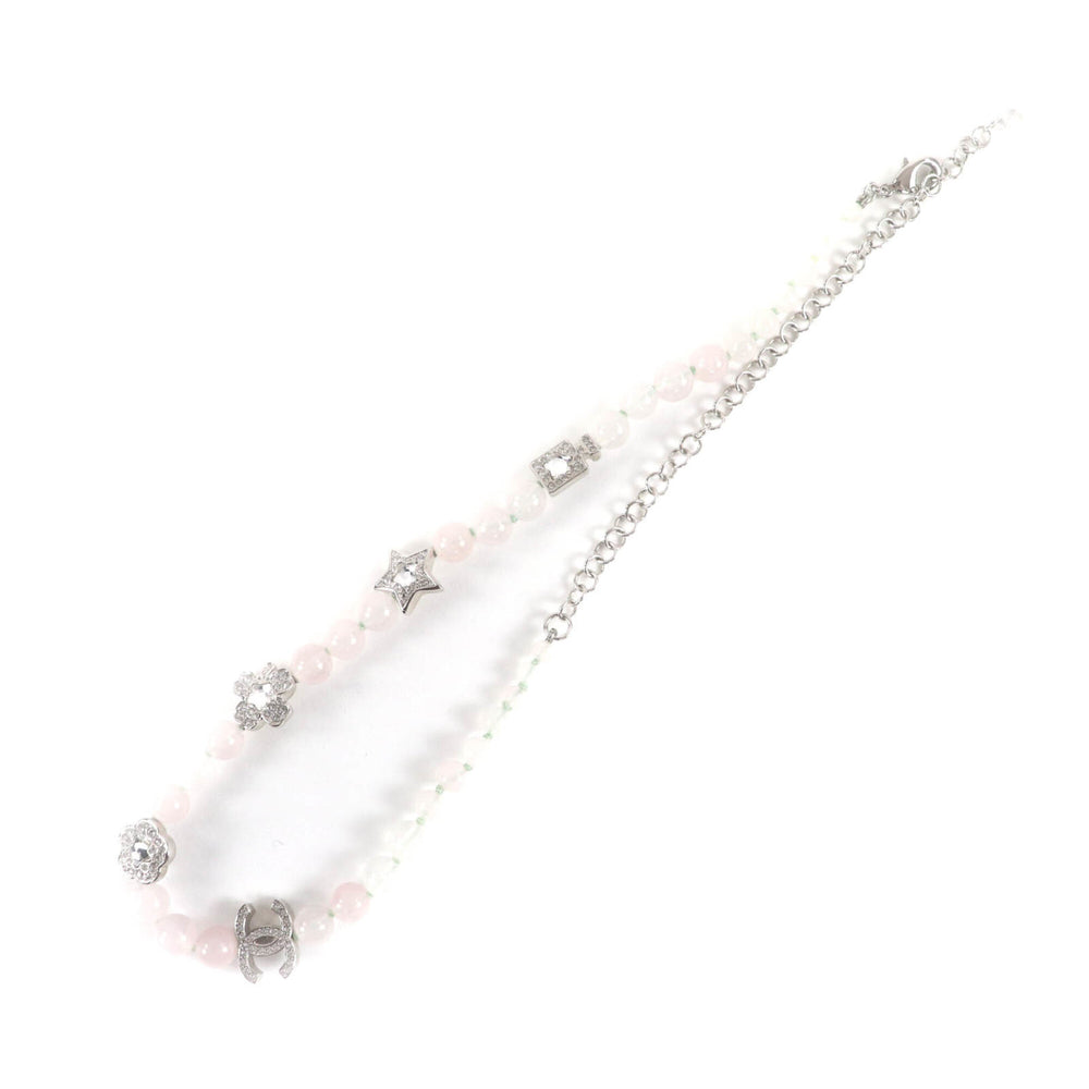 CHANEL B25P Coco Mark Natural Stone Rhinestone Necklace, White and Pink, Silver Hardware, 2025 Model, with Box Dust Bag, Made in Italy, Women's — Like New