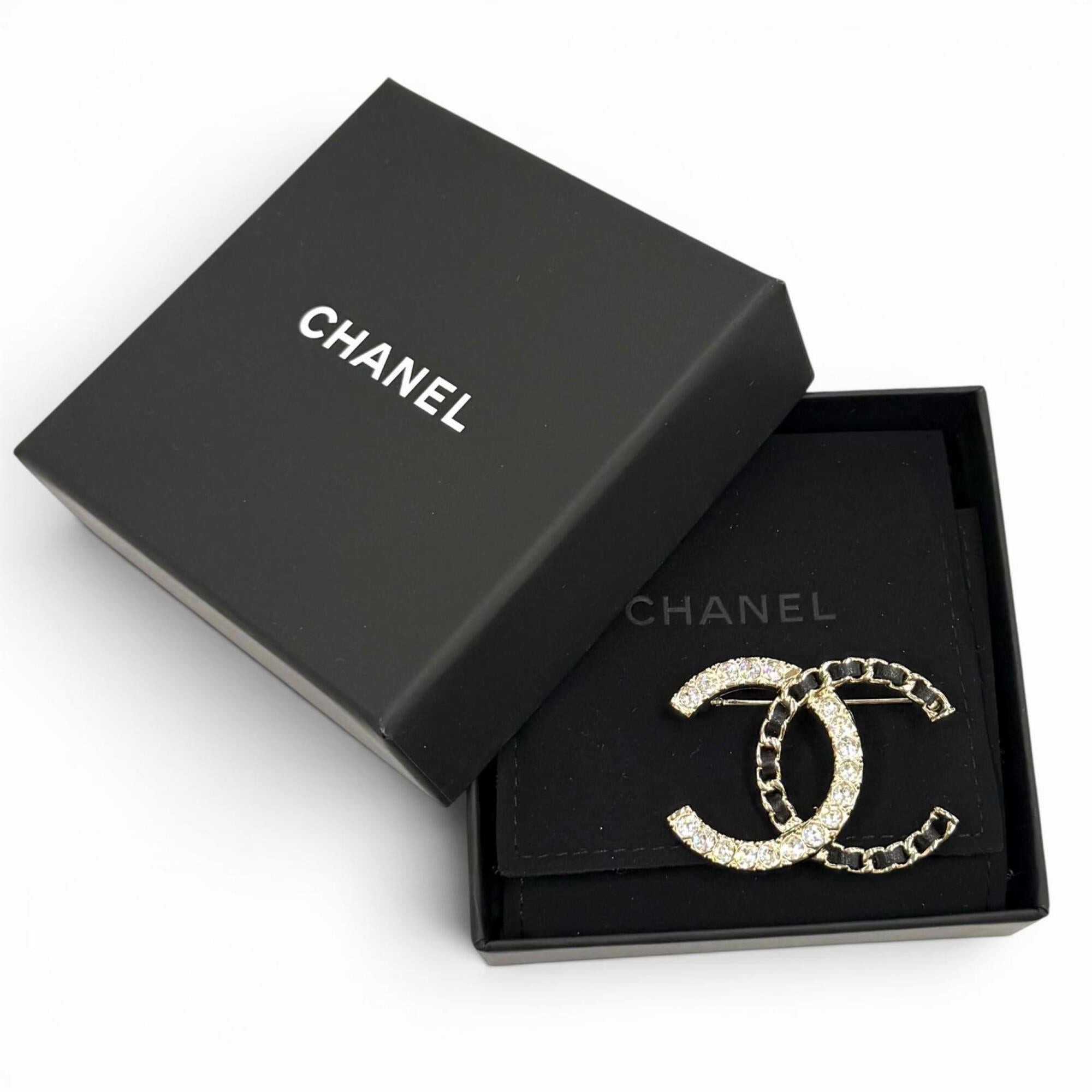 CHANEL A25B Coco Mark Rhinestone Leather Chain Brooch, Gold and Black, Made in France, Women's, with Box Dust Bag — Like New