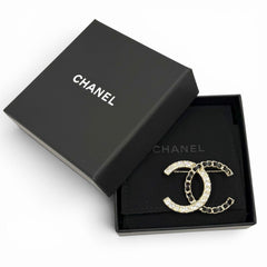CHANEL A25B Coco Mark Rhinestone Leather Chain Brooch, Gold and Black, Made in France, Women's, with Box Dust Bag — Like New