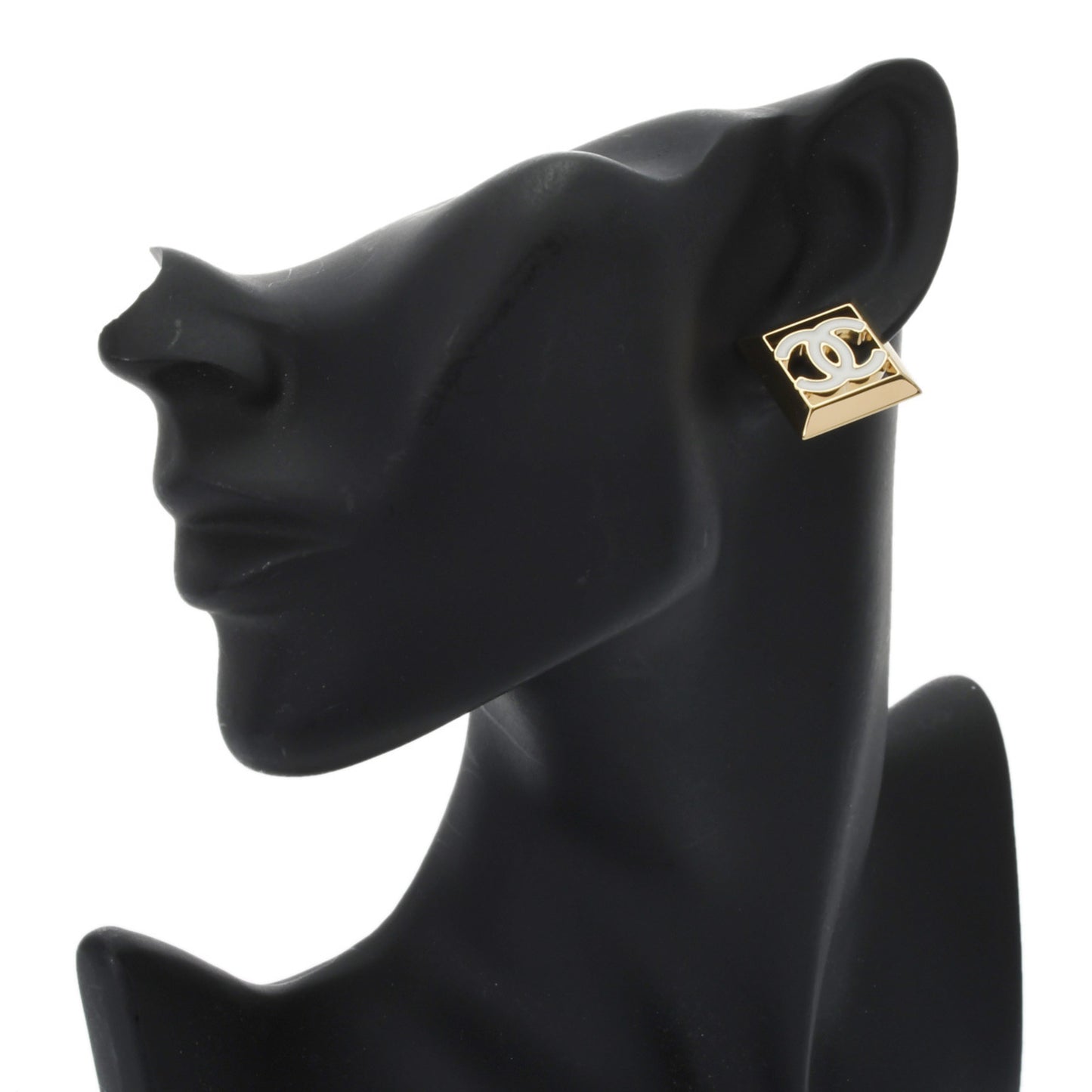 CHANEL Square Logo Earrings, Gold and White, Women's, GP A-Rank, Pre-Owned, Ginzo