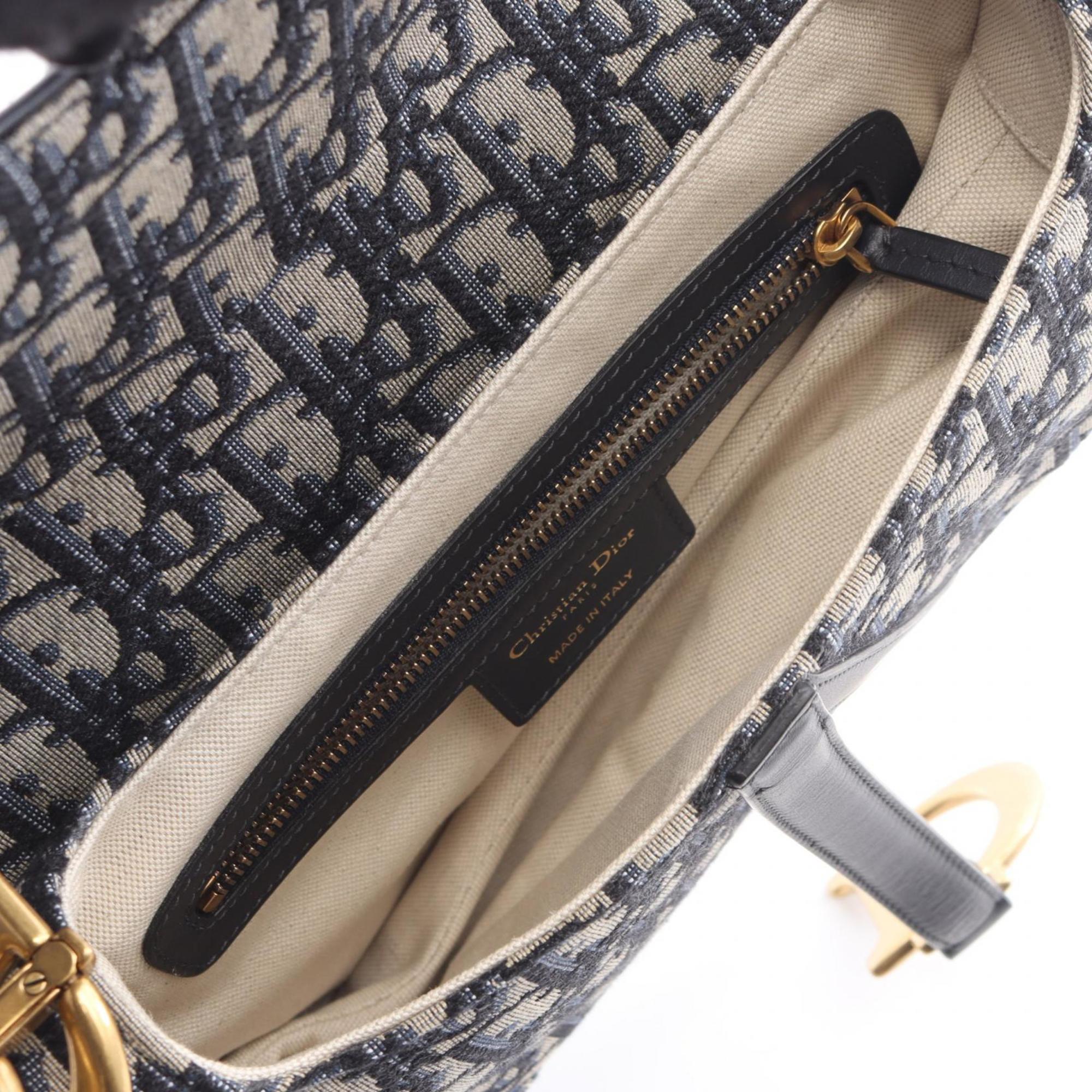 Christian Dior Dior Saddle Bag Oblique Handbag Canvas Leather Women's Ivory Navy
