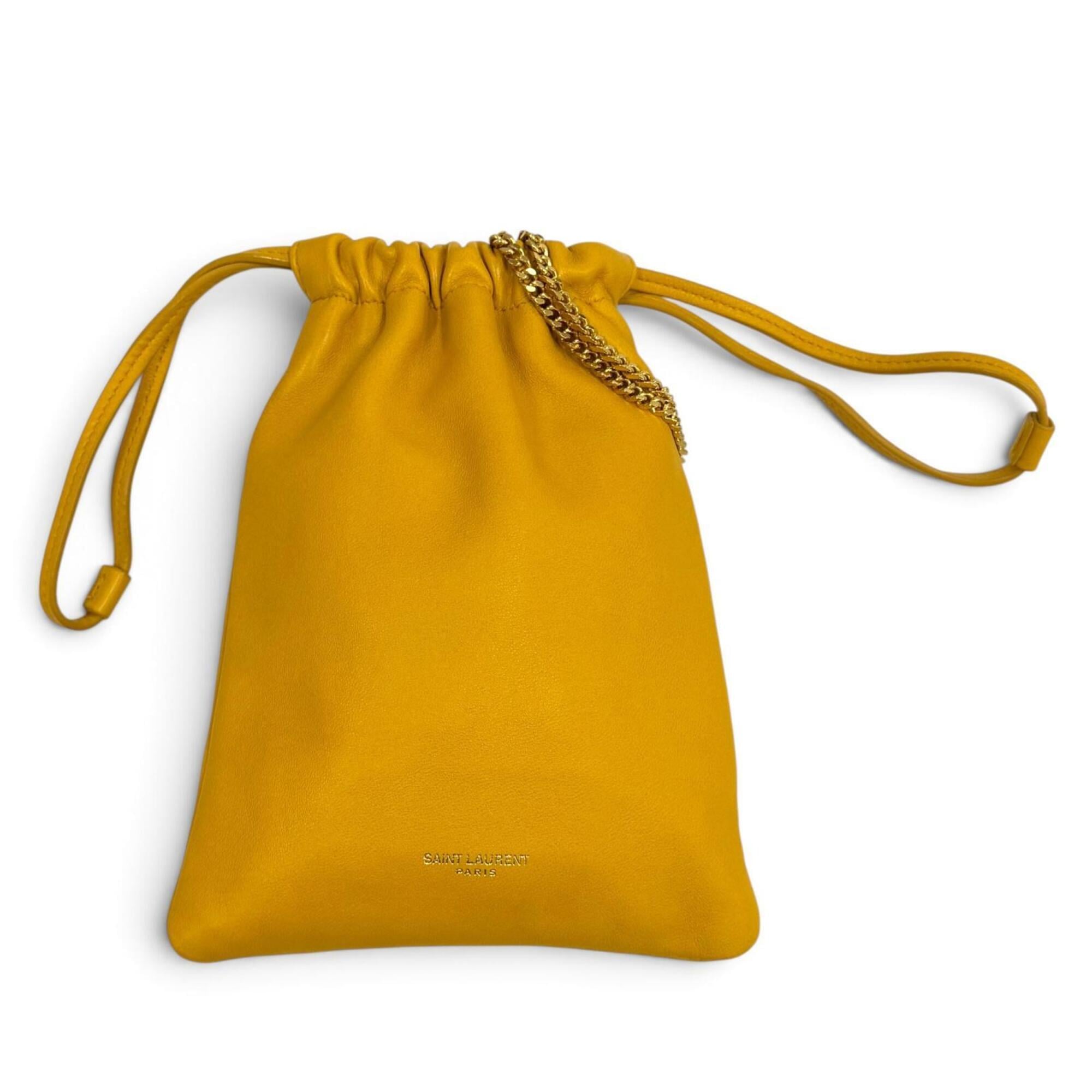 Yves Saint Laurent SAINT LAURENT PARIS 640714 Drawstring Leather Chain Shoulder Bag, Yellow, Made in Italy, Women's, with Dust Bag — Like New
