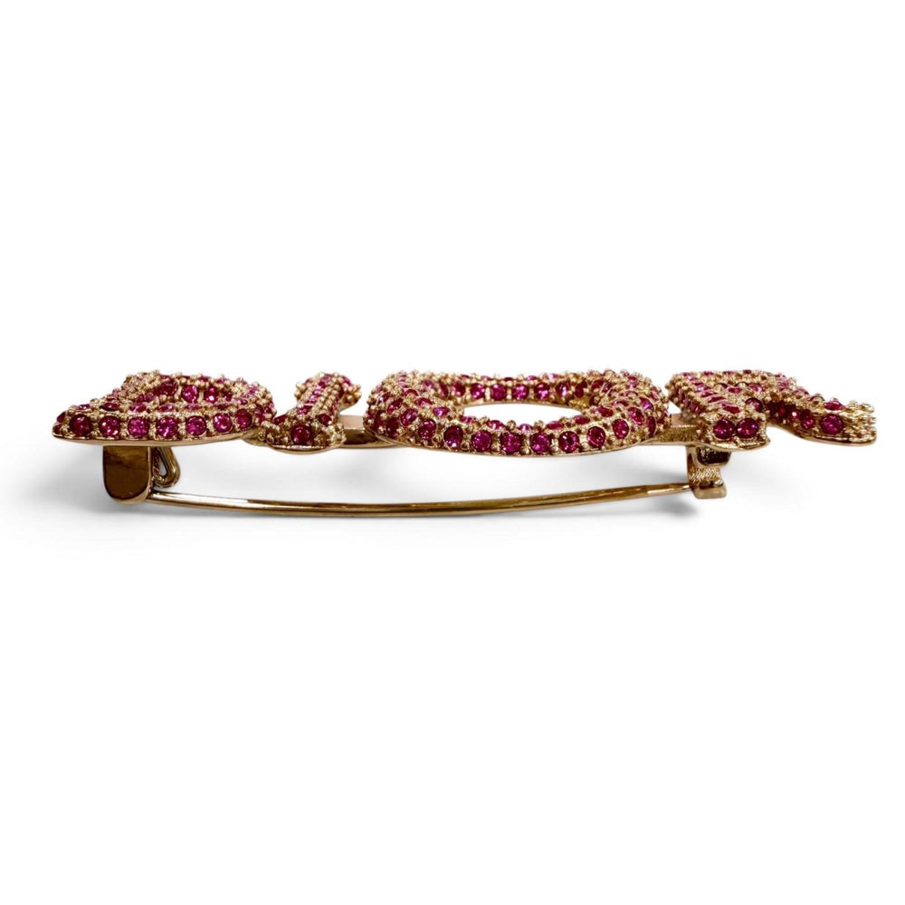 Christian Dior DIOR logo rhinestone brooch, pink with gold hardware, women's accessory, comes box and dust bag — Like New