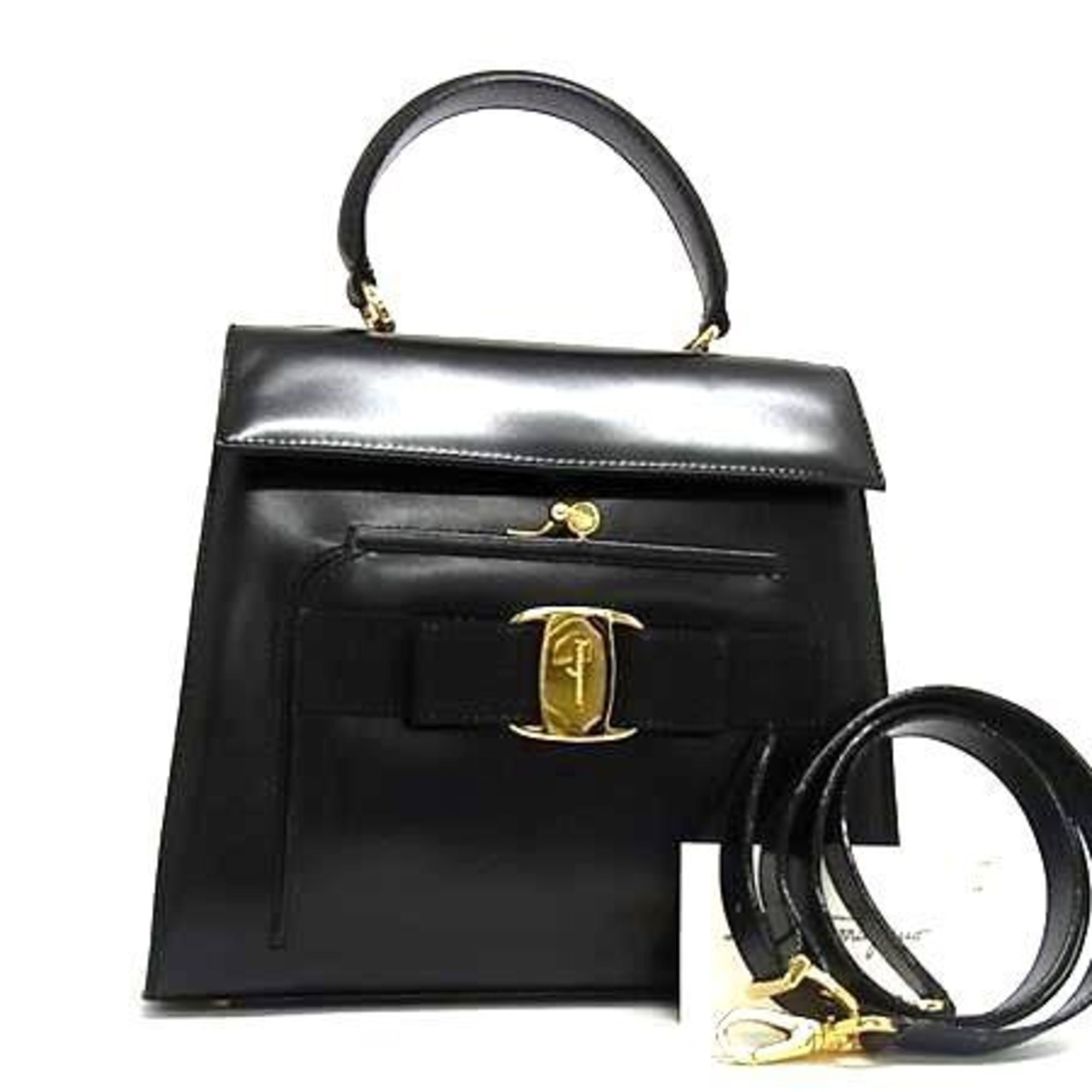 Salvatore Ferragamo Vara Ribbon Handbag AQ215216 Black Leather Women's