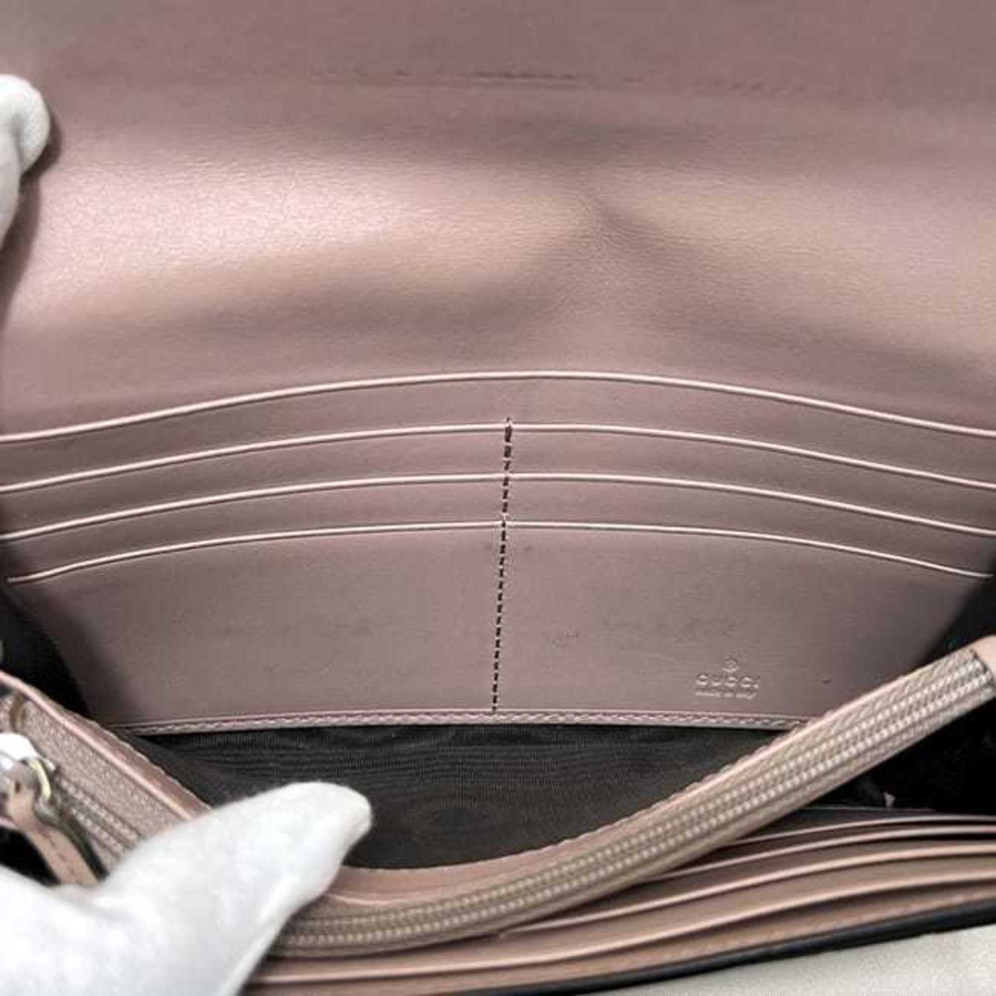 Gucci Bifold Long Wallet ec-24305 Pink Beige Stripe 388679 Leather 0959 GUCCI Ribbon GG Embossed Women's