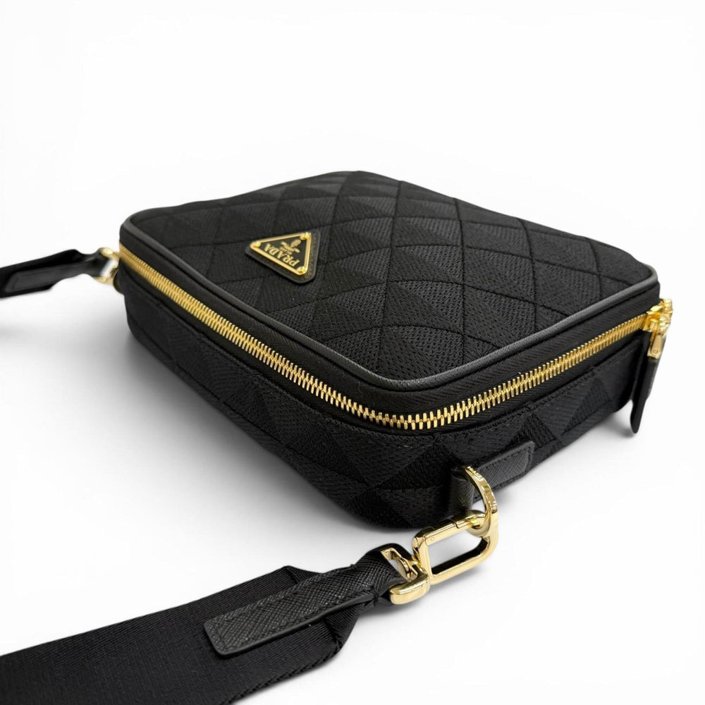 PRADA 2VH069 Brick Triangle Logo Jacquard Leather Shoulder Bag, Black with Gold Hardware, Made in Italy, Men's, Dust Bag — New - Store Return