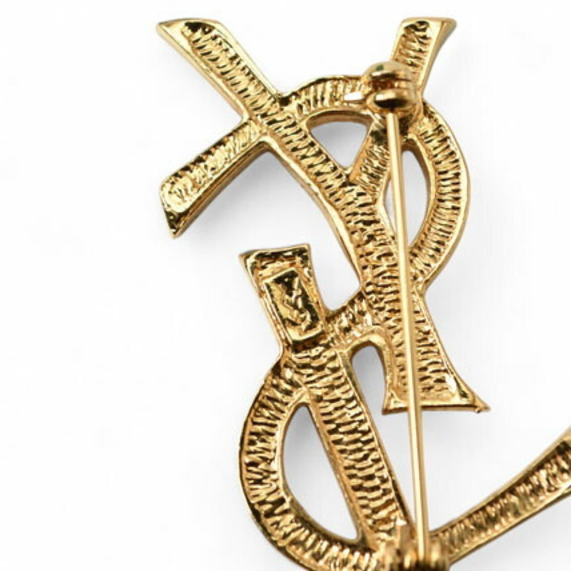 Yves Saint Laurent Saint Laurent pin brooch, badge, SAINT LAURENT monogram YSL, rhinestone, gold — Like New