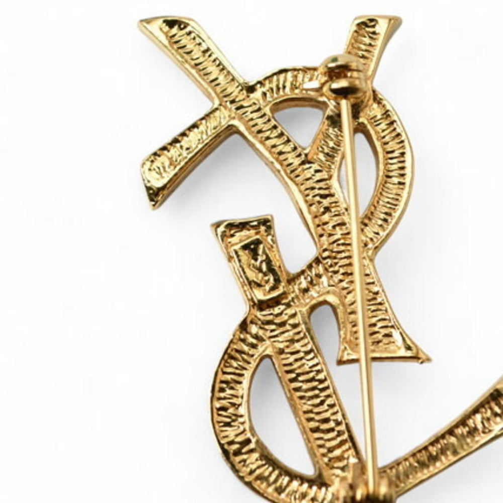 Yves Saint Laurent Saint Laurent pin brooch, badge, SAINT LAURENT monogram YSL, rhinestone, gold — Like New