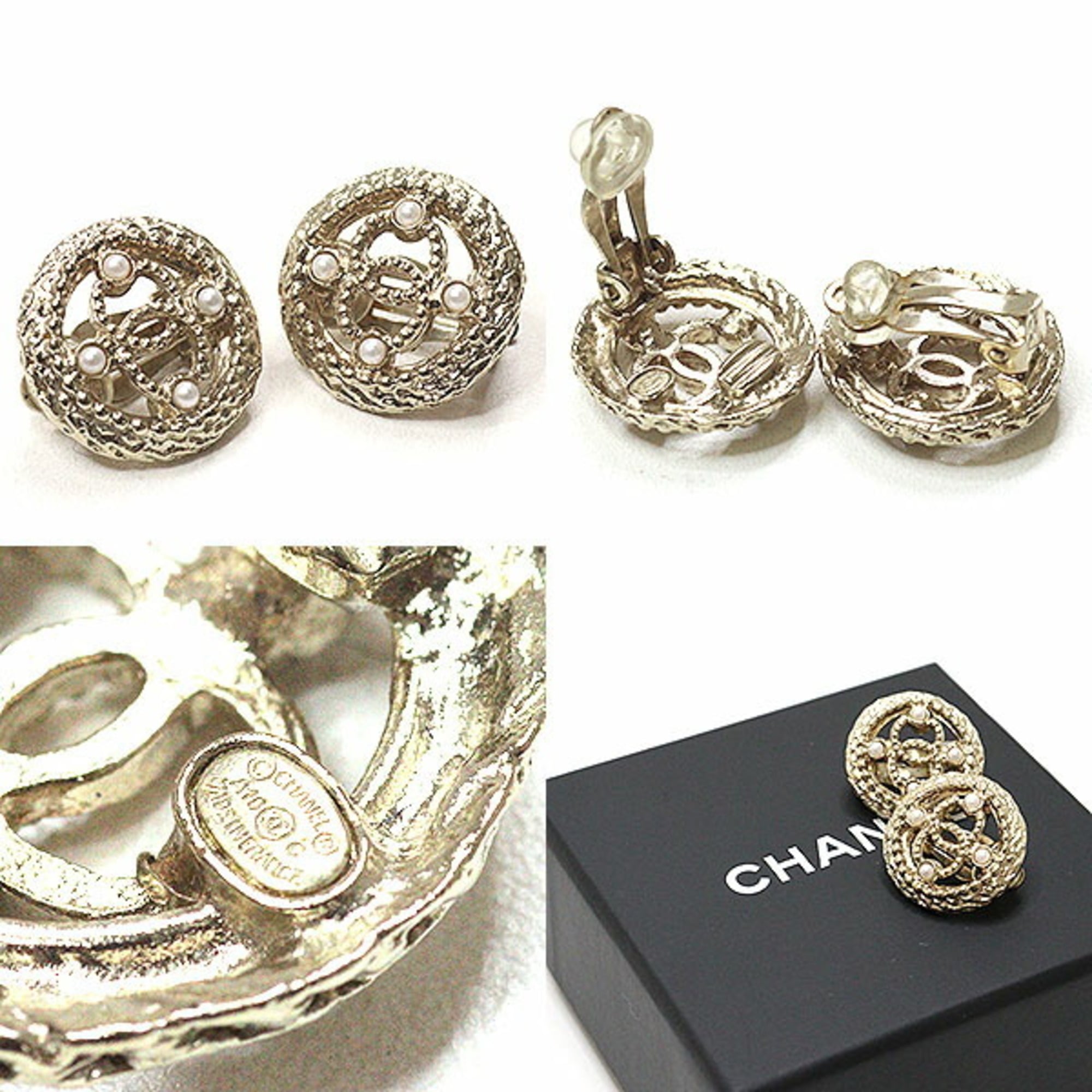 Chanel Coco Mark Earrings, Light Gold, Costume Pearl, Metal, A18C, Button Motif, Openwork, Clip-on, Like New — Like New