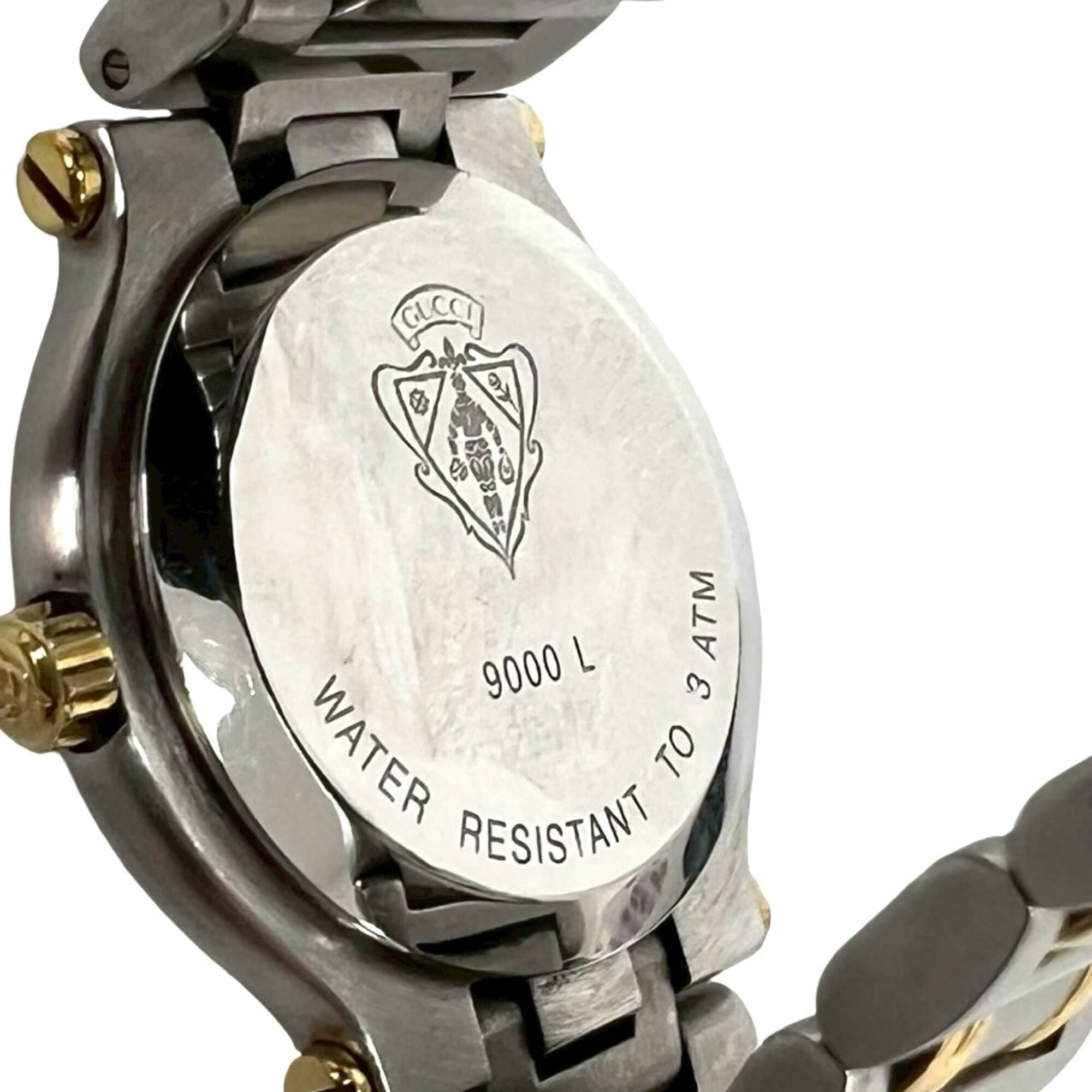 GUCCI 9000L Logo Engraved Stainless Steel Quartz Wristwatch, Silver/Gold, 37789 — Good